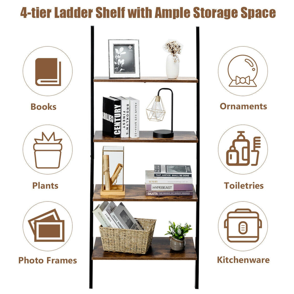 Multipurpose 4-Tier Industrial Leaning Wall Bookcase with Metal Frame