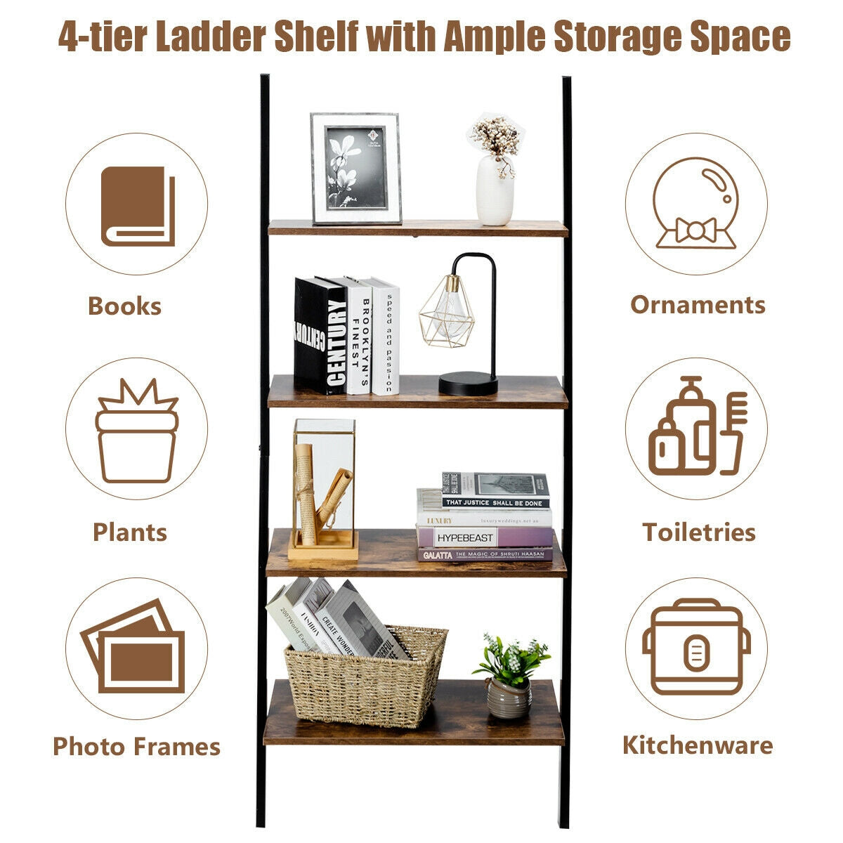 Multipurpose 4-Tier Industrial Leaning Wall Bookcase with Metal Frame