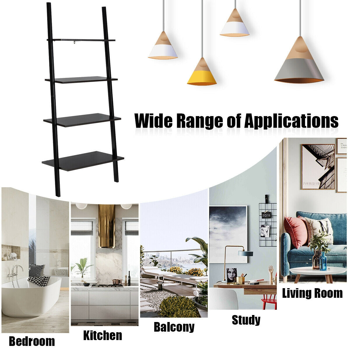 Multipurpose 4-Tier Industrial Leaning Wall Bookcase with Metal Frame