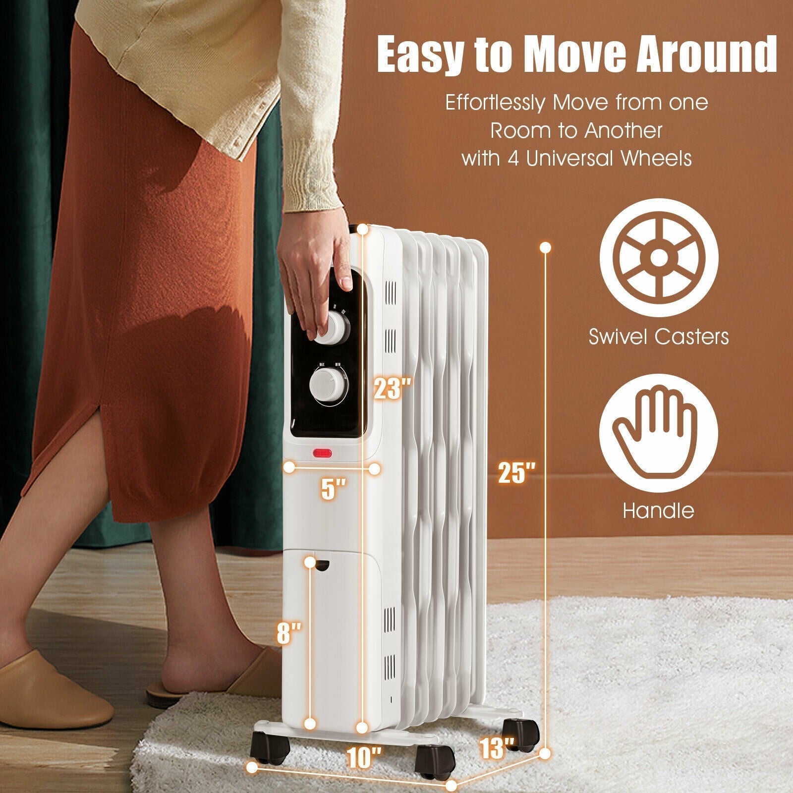 1500W Oil Filled Portable Radiator Space Heater with Adjustable Thermostat