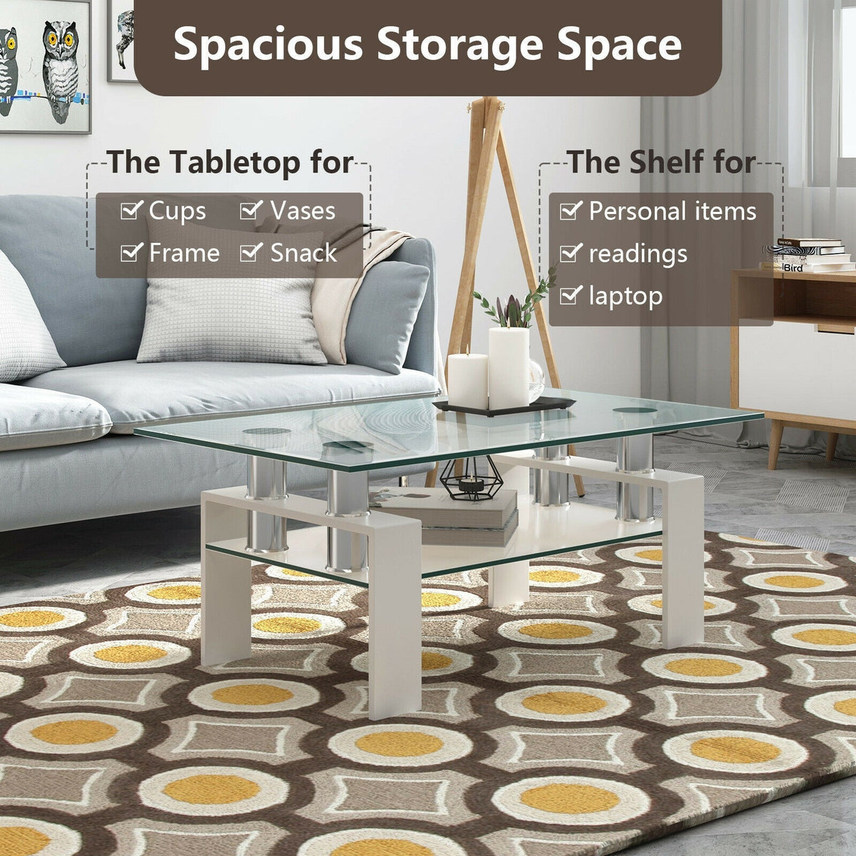 Rectangle Glass Coffee Table with Metal Legs for Living Room