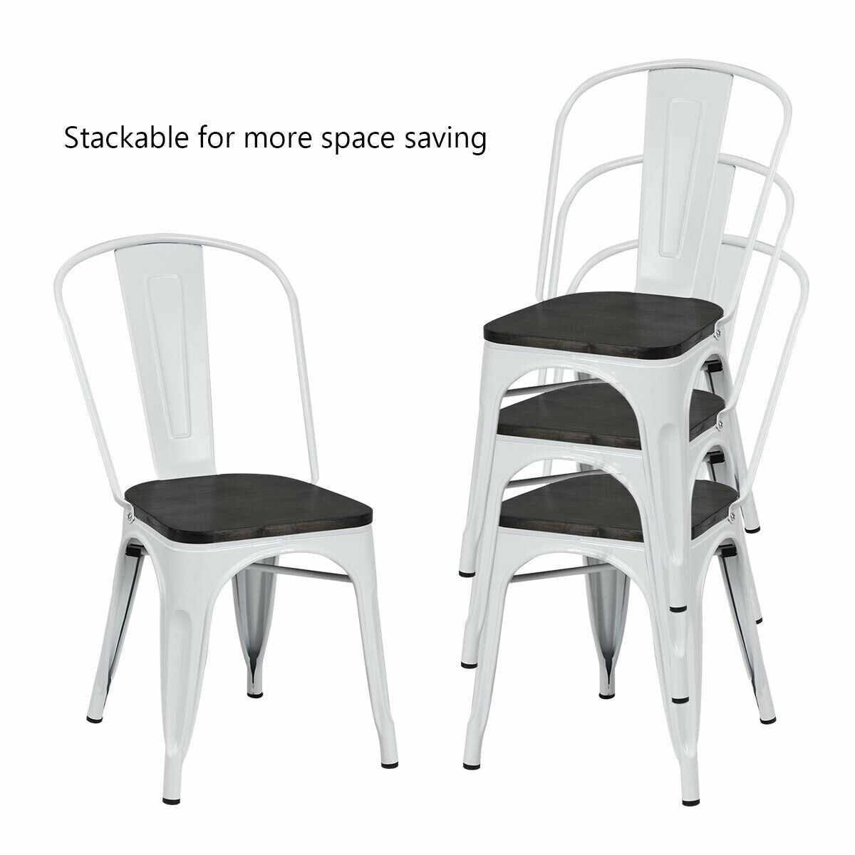 4 Pieces Tolix Style Metal Dining Side Chair Stackable Wood Seat