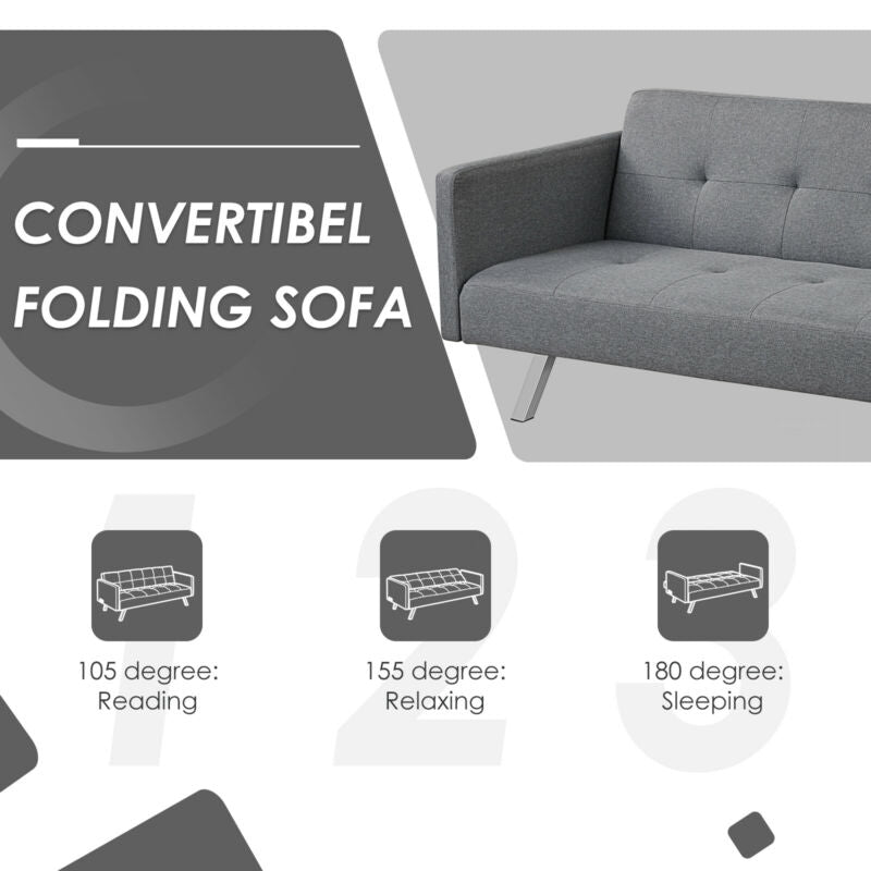 3 Seat Convertible Linen Fabric Futon Sofa with USB and Power Strip