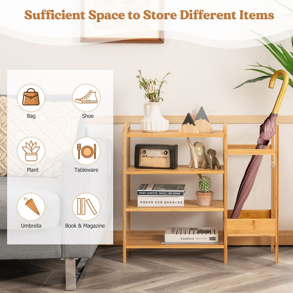 4-Tier Bamboo Shoe Rack Organiser with Umbrella Holder-Natural
