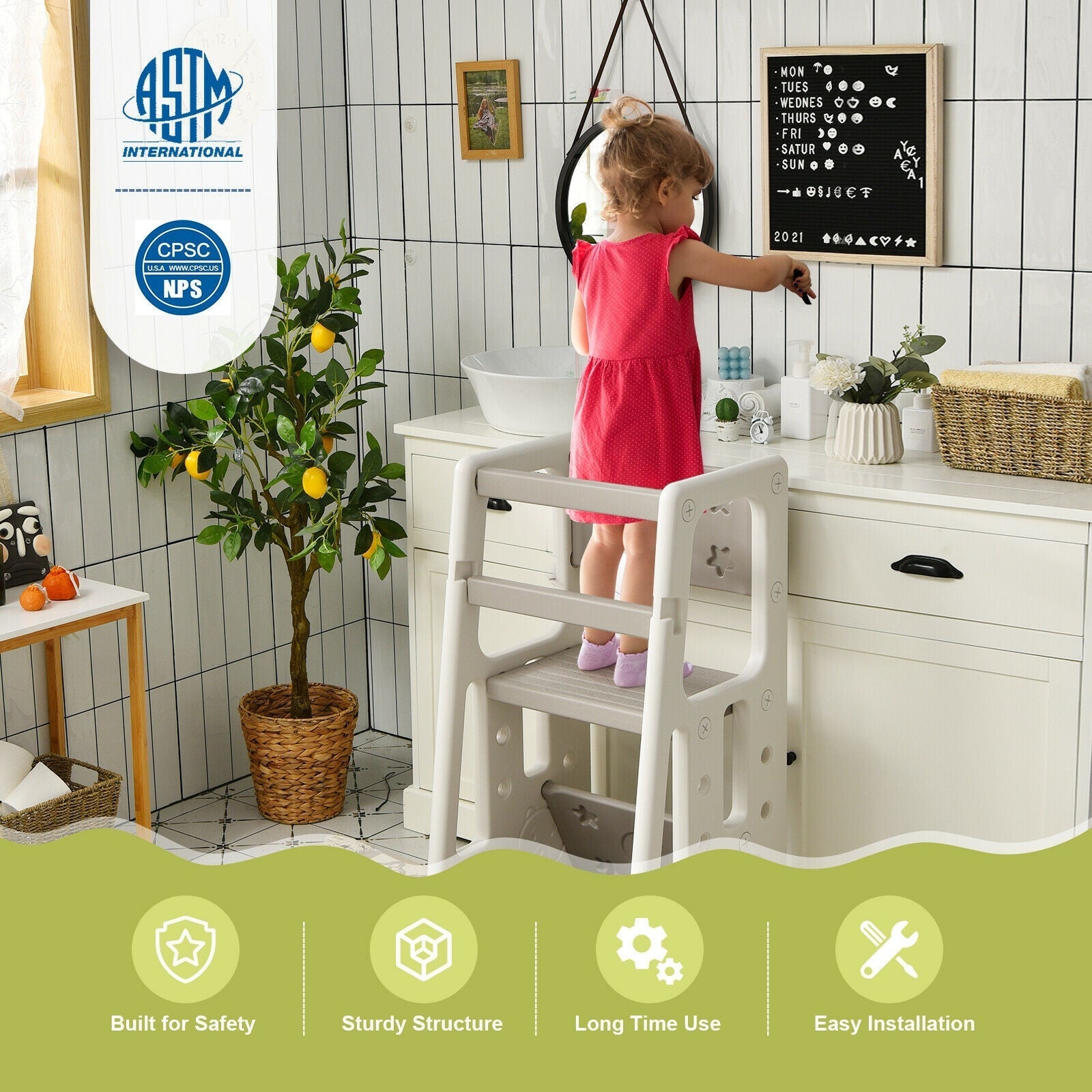 Kids Kitchen Step Stool with Double Safety Rails