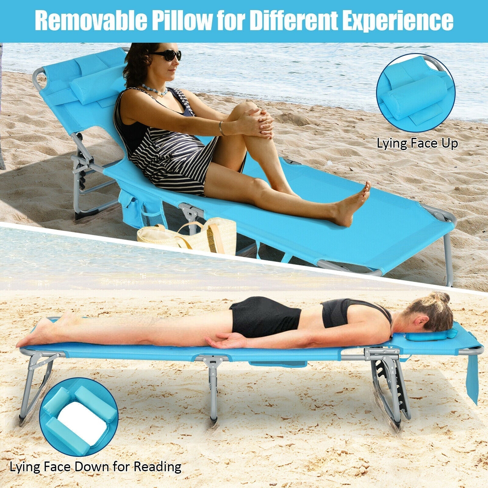 Folding Beach Lounge Chair with Pillow for Outdoor-Turquoise