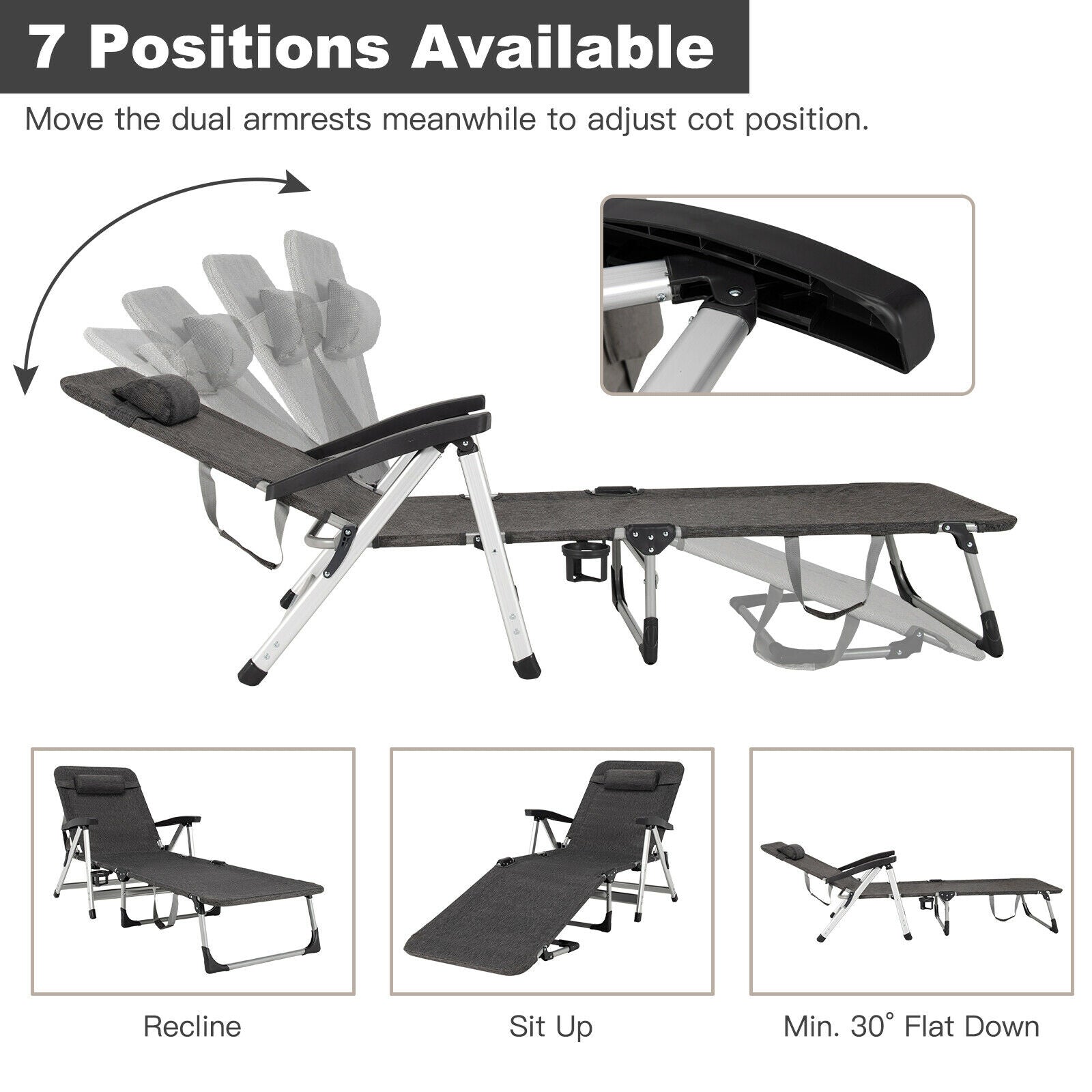 Beach Folding Chaise Lounge Recliner with 7 Adjustable Position