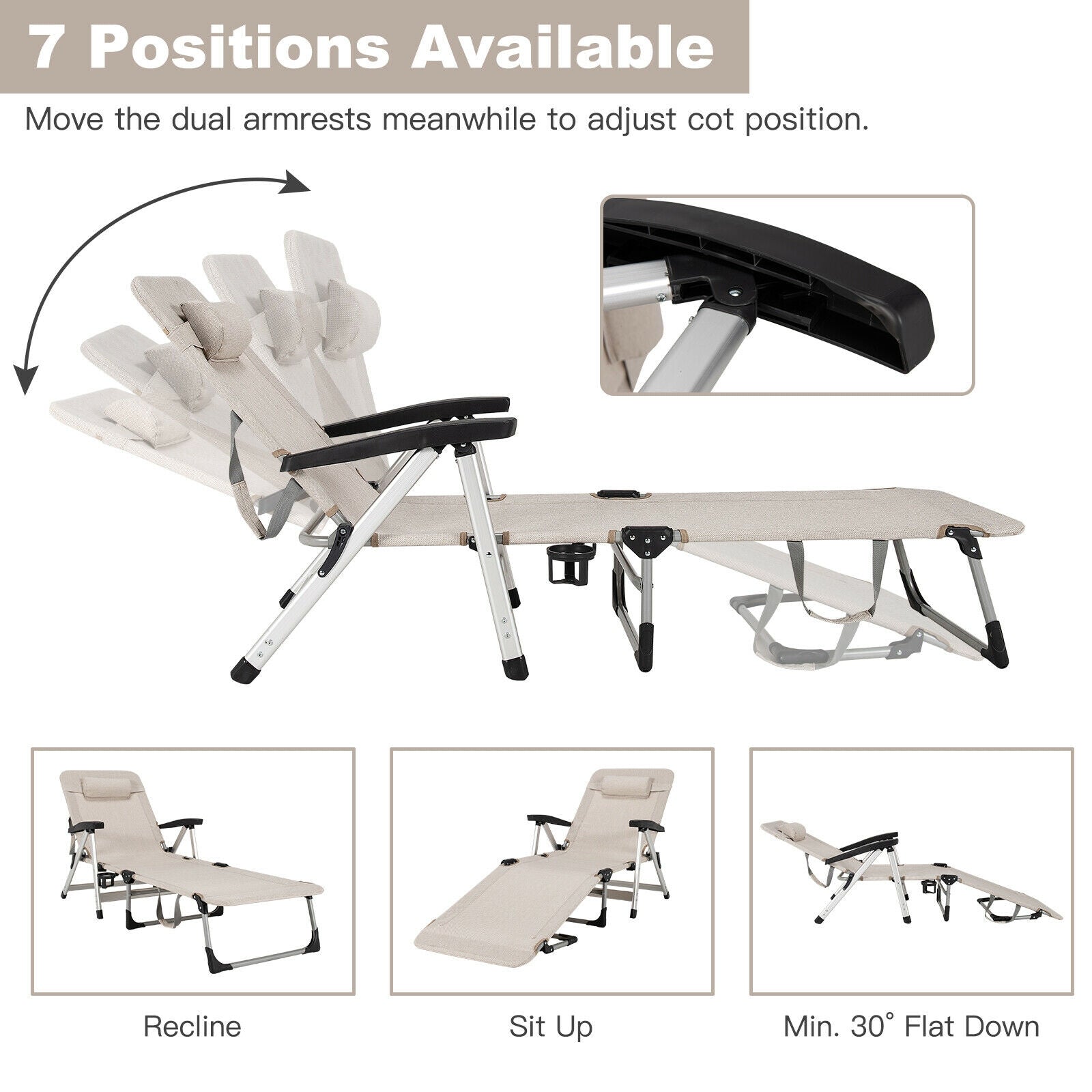 Beach Folding Chaise Lounge Recliner with 7 Adjustable Position