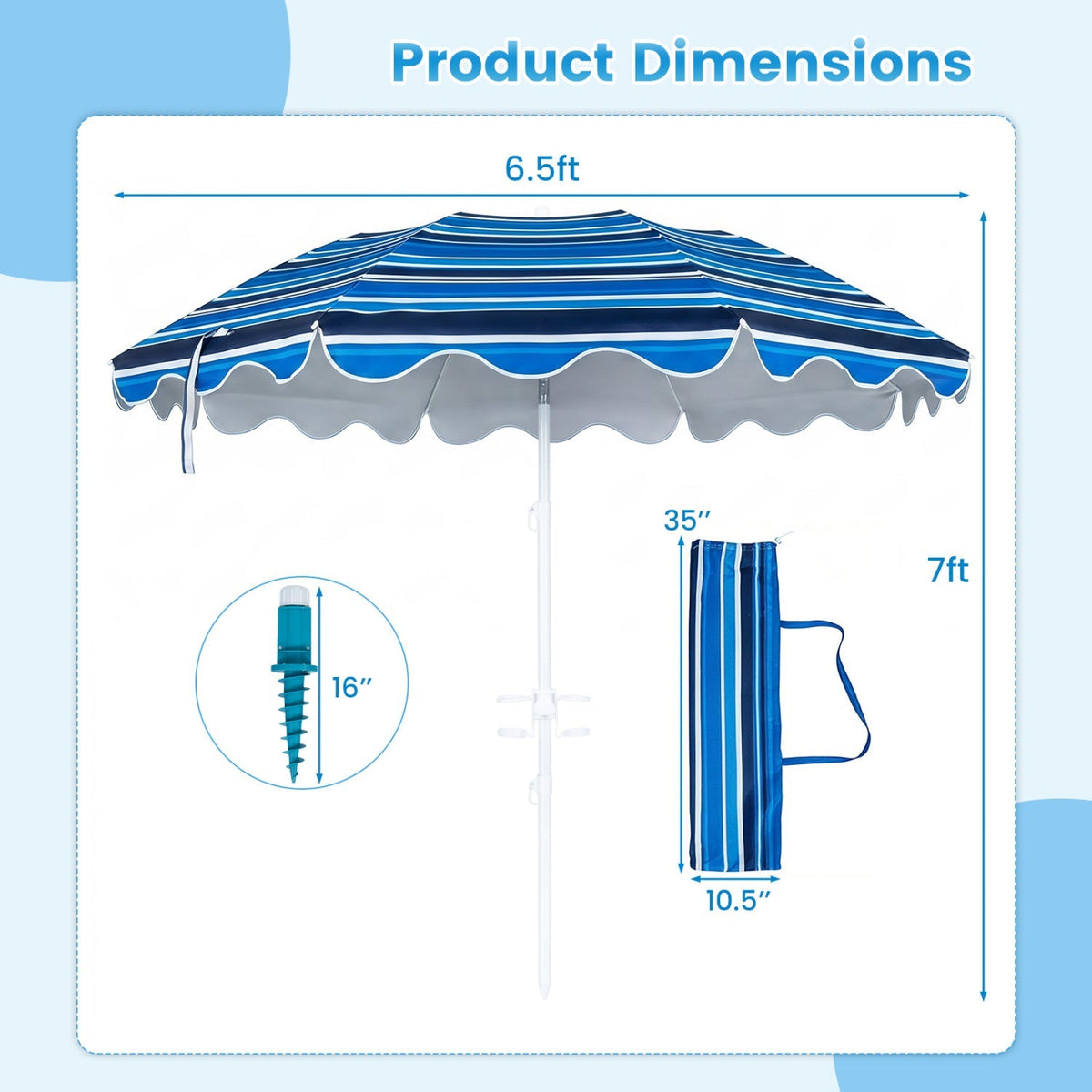 Beach Umbrella 6.5 FT with UPF 50+ Sun Protection & Sand Anchor