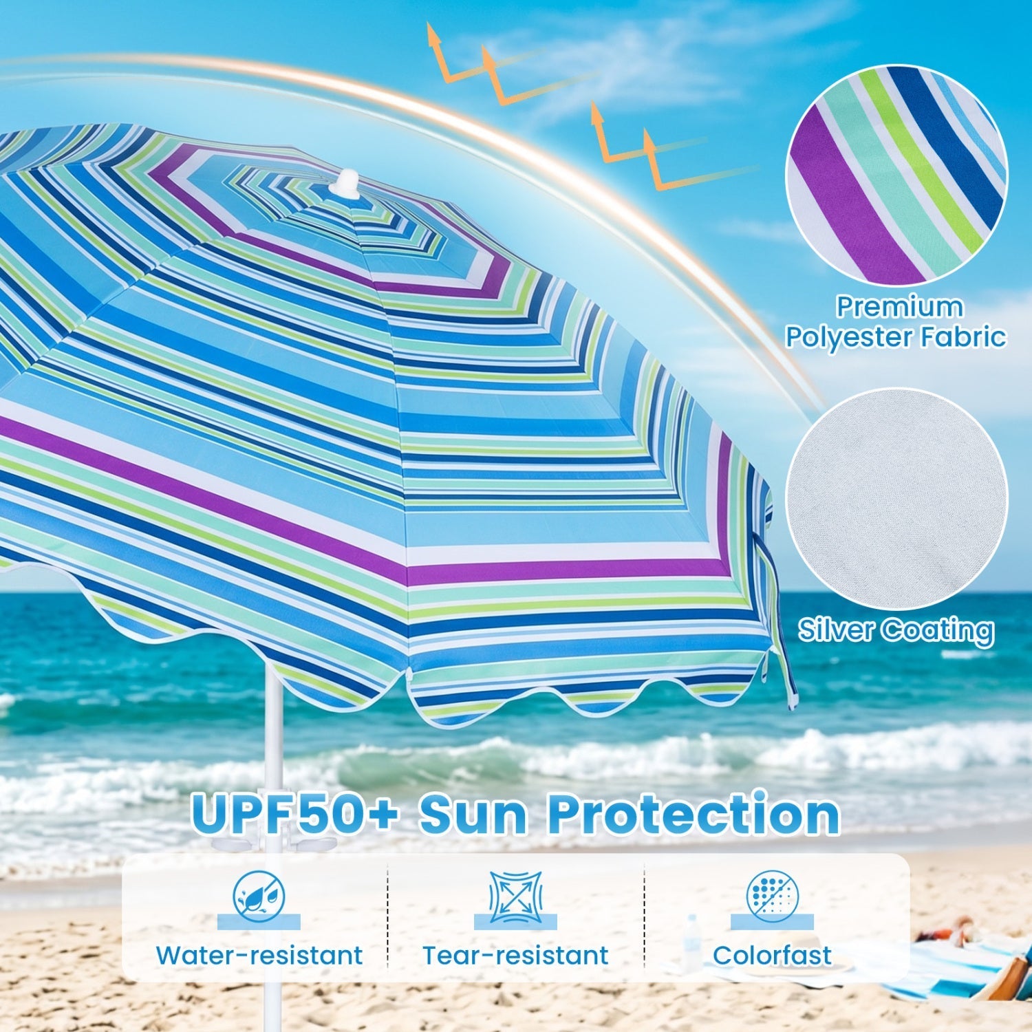 Beach Umbrella 6.5 FT with UPF 50+ Sun Protection & Sand Anchor