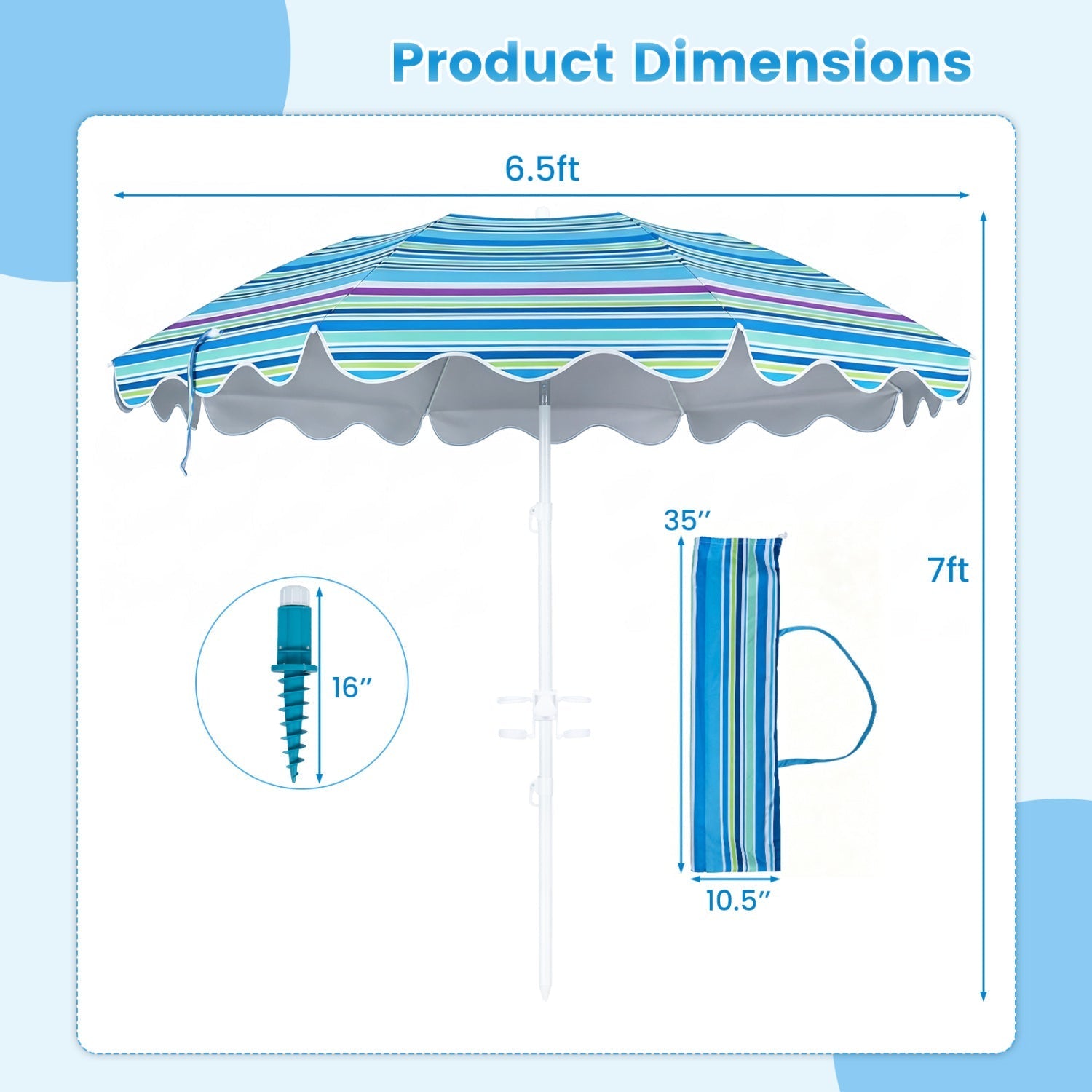 Beach Umbrella 6.5 FT with UPF 50+ Sun Protection & Sand Anchor