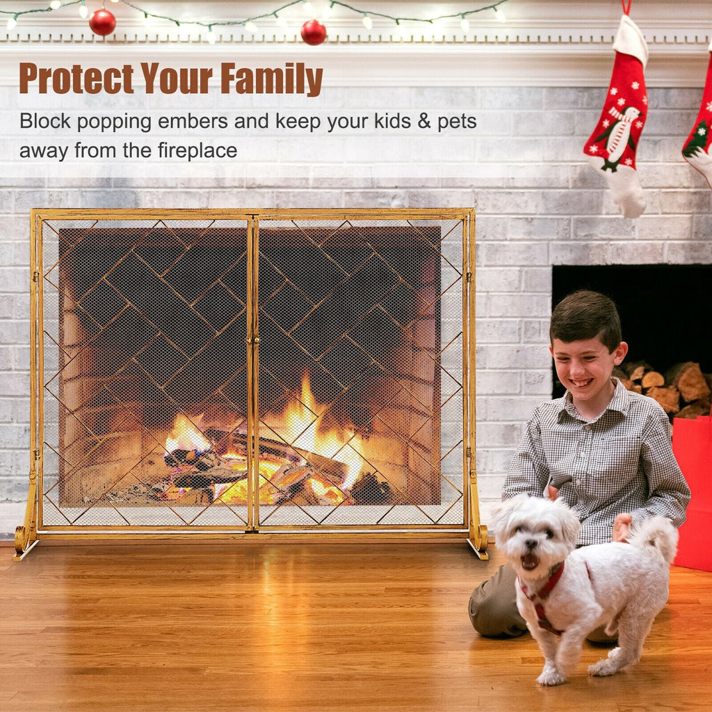 2-Panel Fireplace Screen Folding Metal Fire Place Safety Fence with Magnetic Doors