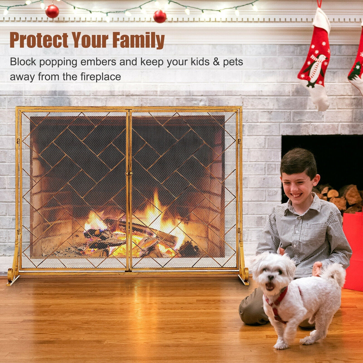 2-Panel Fireplace Screen Folding Metal Fire Place Safety Fence with Magnetic Doors