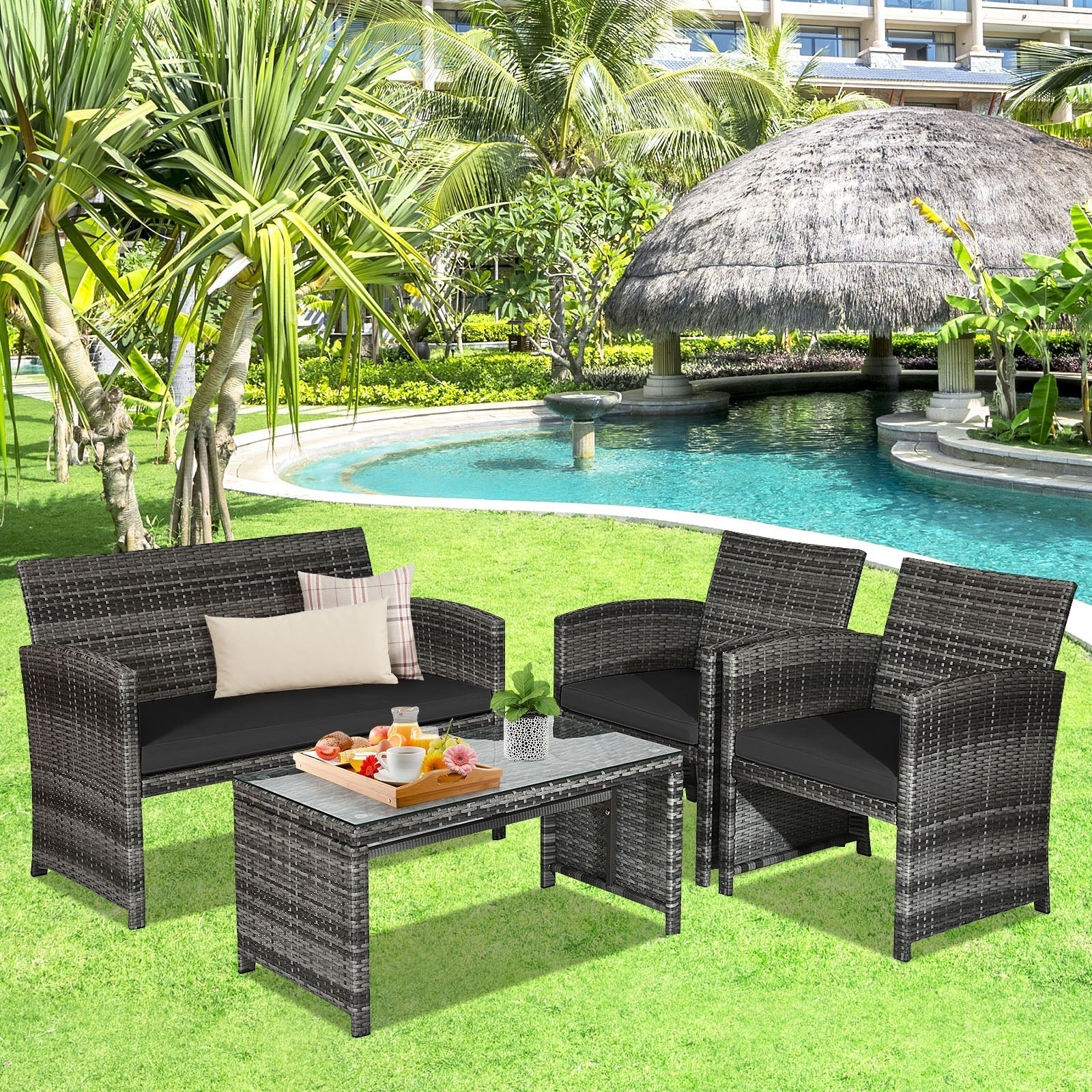 4 Pieces Patio Rattan Furniture Set with Glass Table and Loveseat-Gray