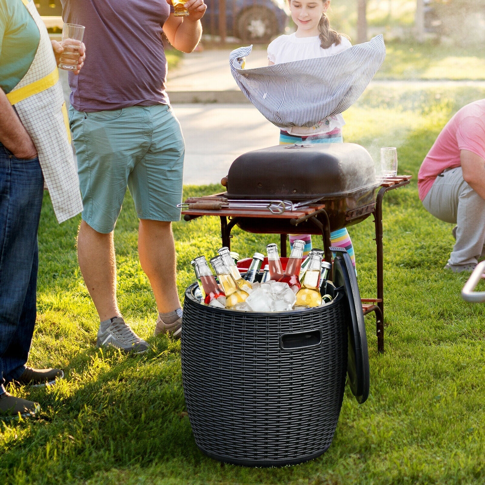 9.5 Gallon 4-in-1 Patio Rattan Cool Bar Cocktail Table Side Table