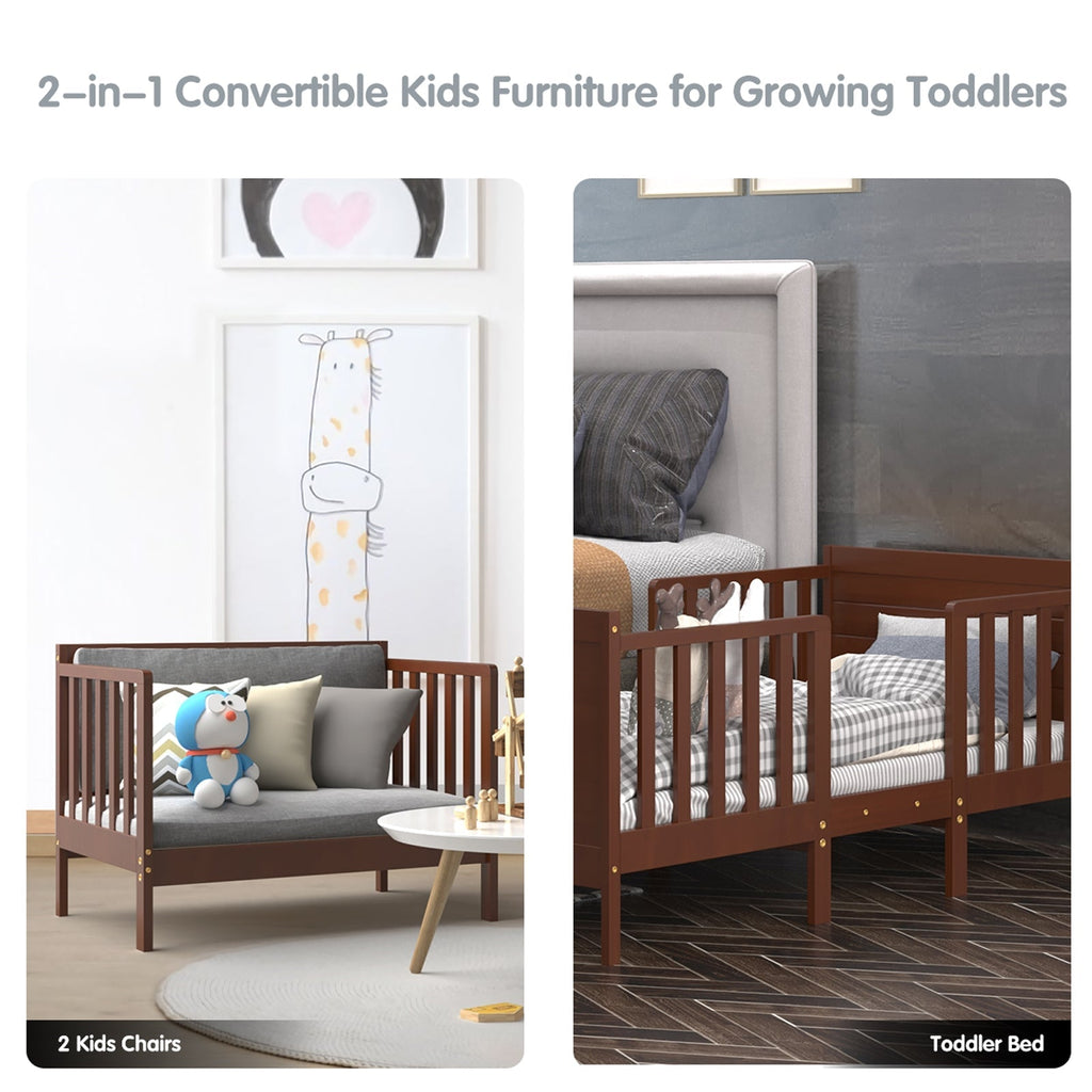 2-in-1 Convertible Kids Wooden Bedroom Furniture with Guardrails