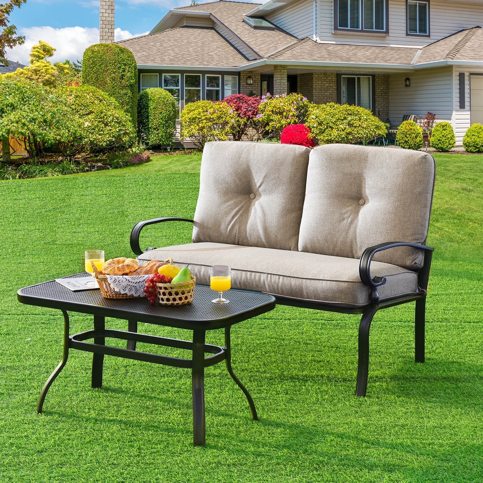 2 Pieces Patio Loveseat Bench Table Furniture Set with Cushioned Chair-Blue
