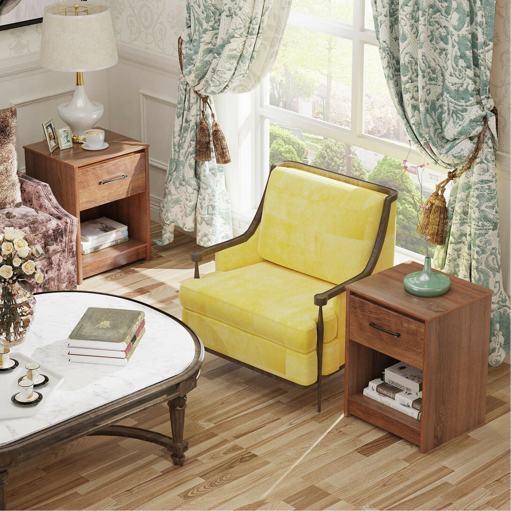 Wooden Nightstand with Drawer and Open Storage Compartment