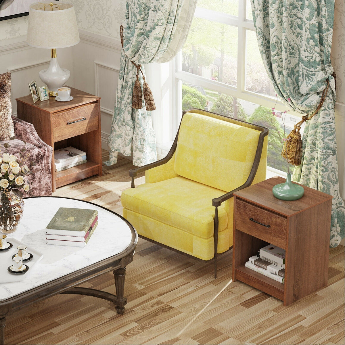 Wooden Nightstand with Drawer and Open Storage Compartment