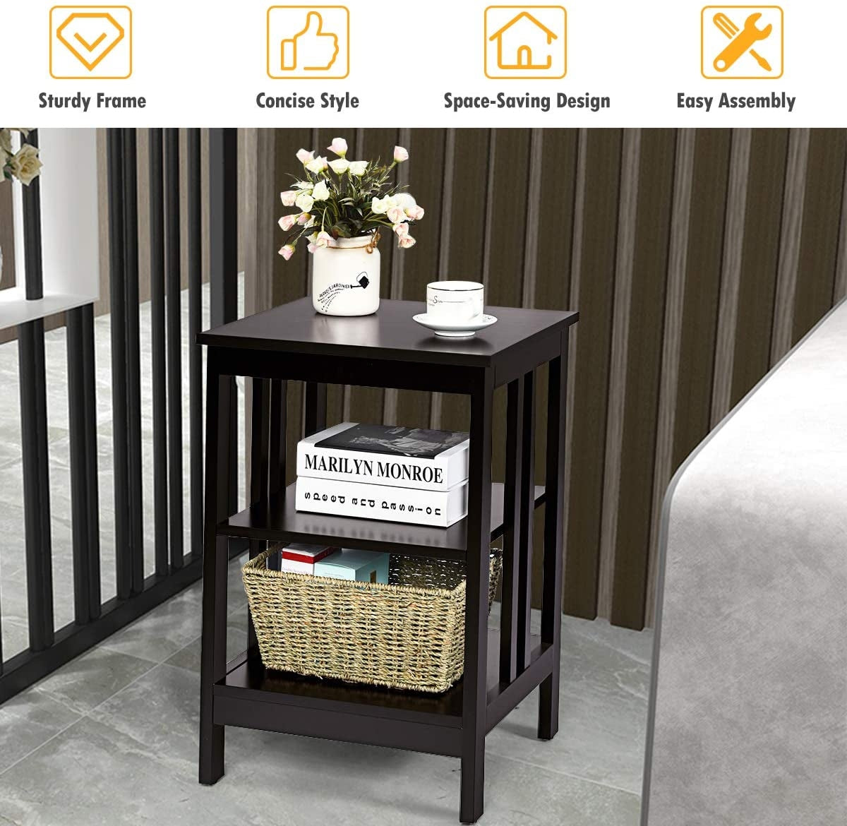 2 Pieces 3-Tier Nightstand with Reinforced Bars and Stable Structure