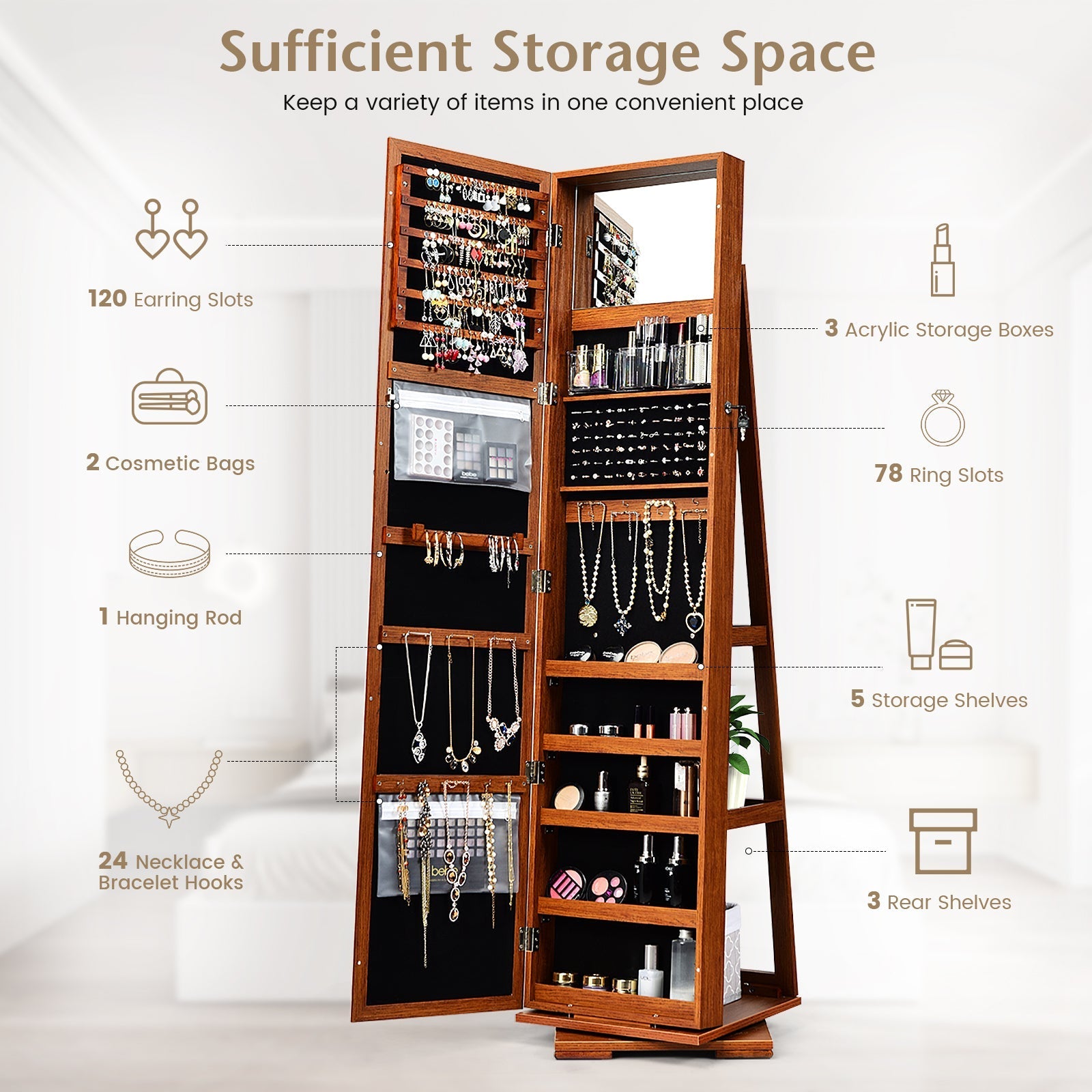 360° Rotatable 2-in-1 Lockable Jewelry Cabinet with Full-Length Mirror