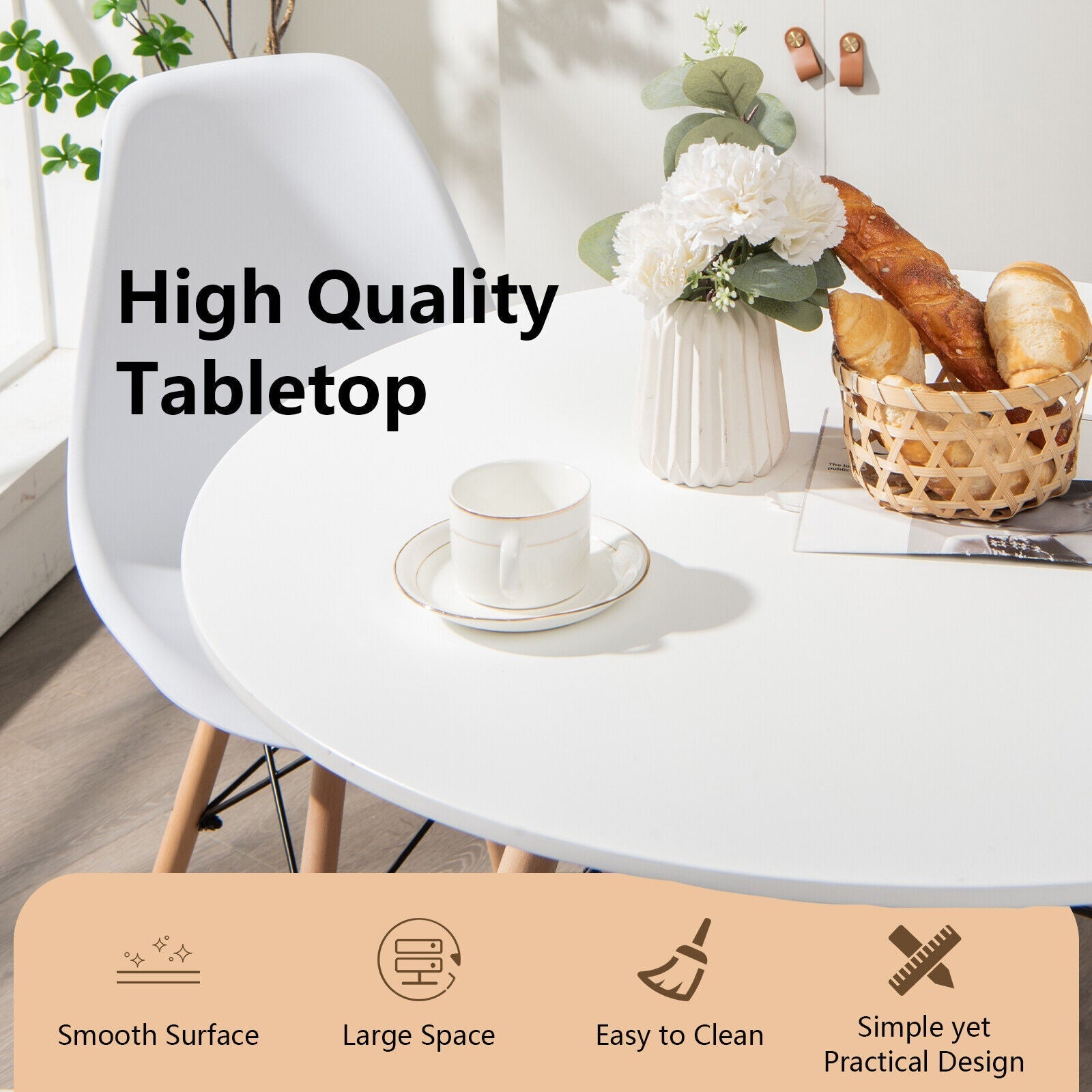 Round Modern Dining Table with Solid Wooden Leg-White