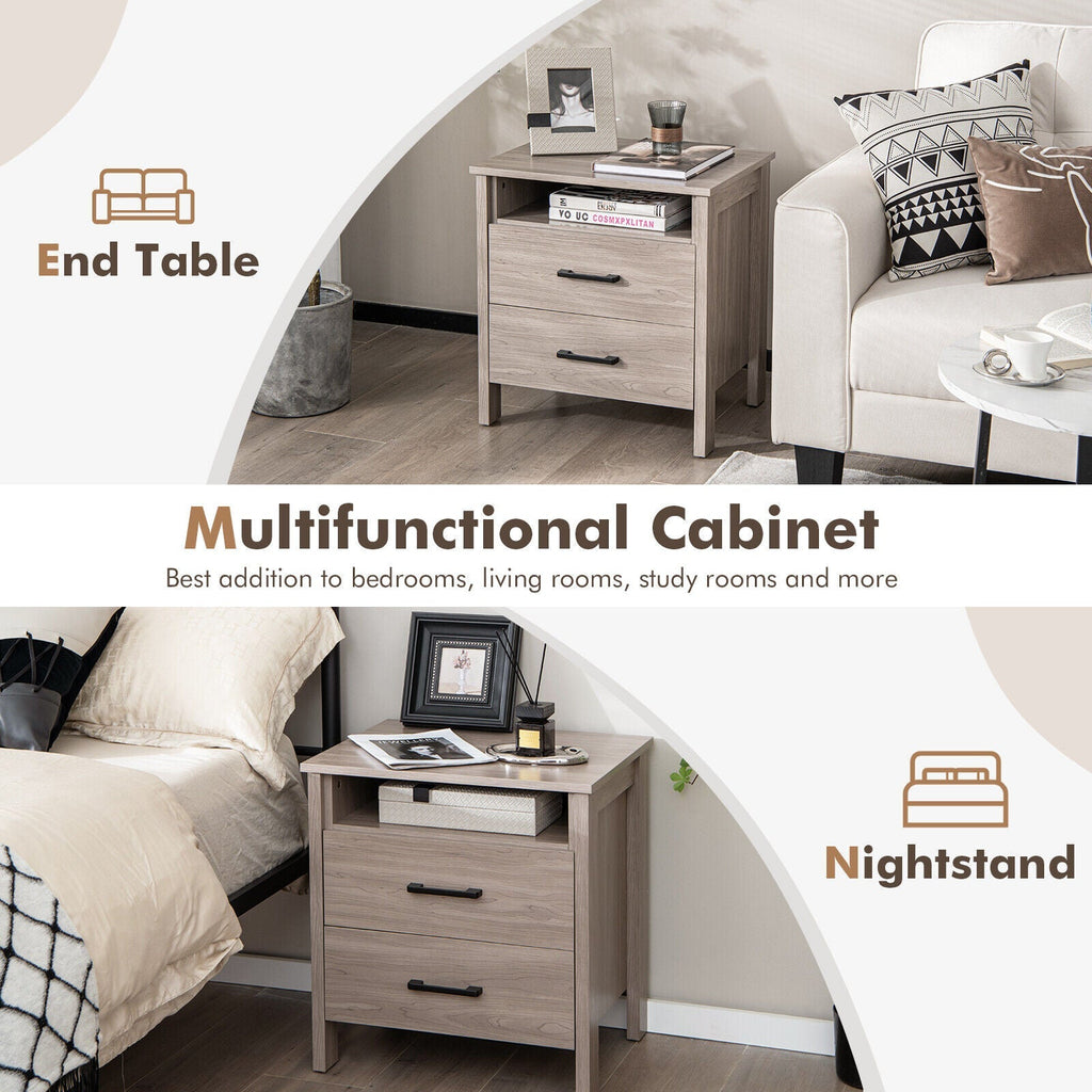 Modern Wood Grain Nightstand with Cable Hole and Open Compartment