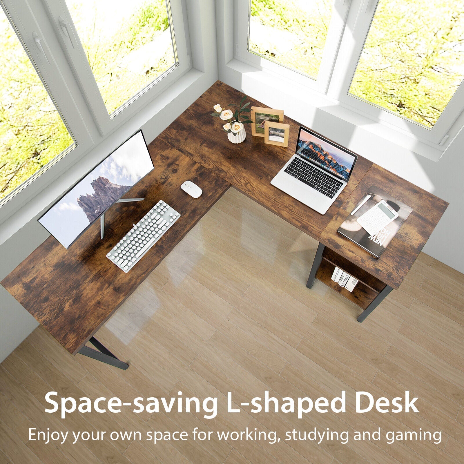Industrial L-Shaped Corner Computer Desk Office Workstation with Storage Shelves
