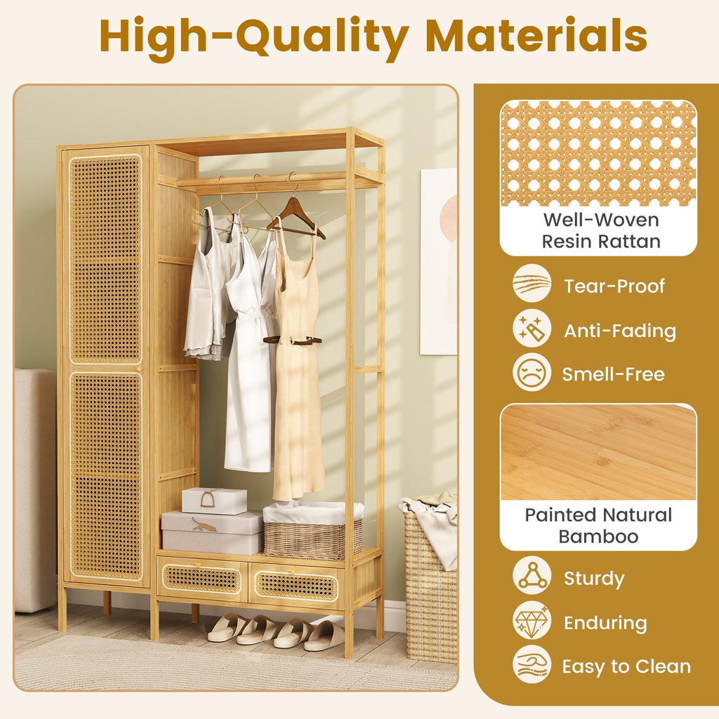 Bamboo Clothing Rack with Cabinet and Drawers and Hanging Rod-Natural
