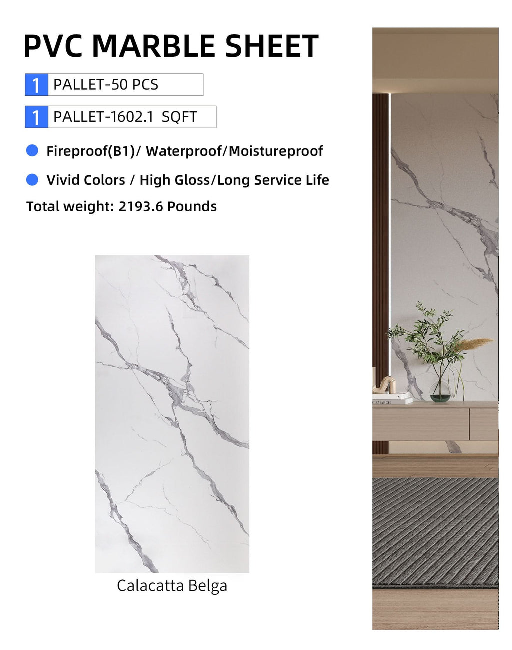 Calacatta Belga PVC Marble Sheets Wall Panel - Waterproof 4x8 ft (32 sq. ft)