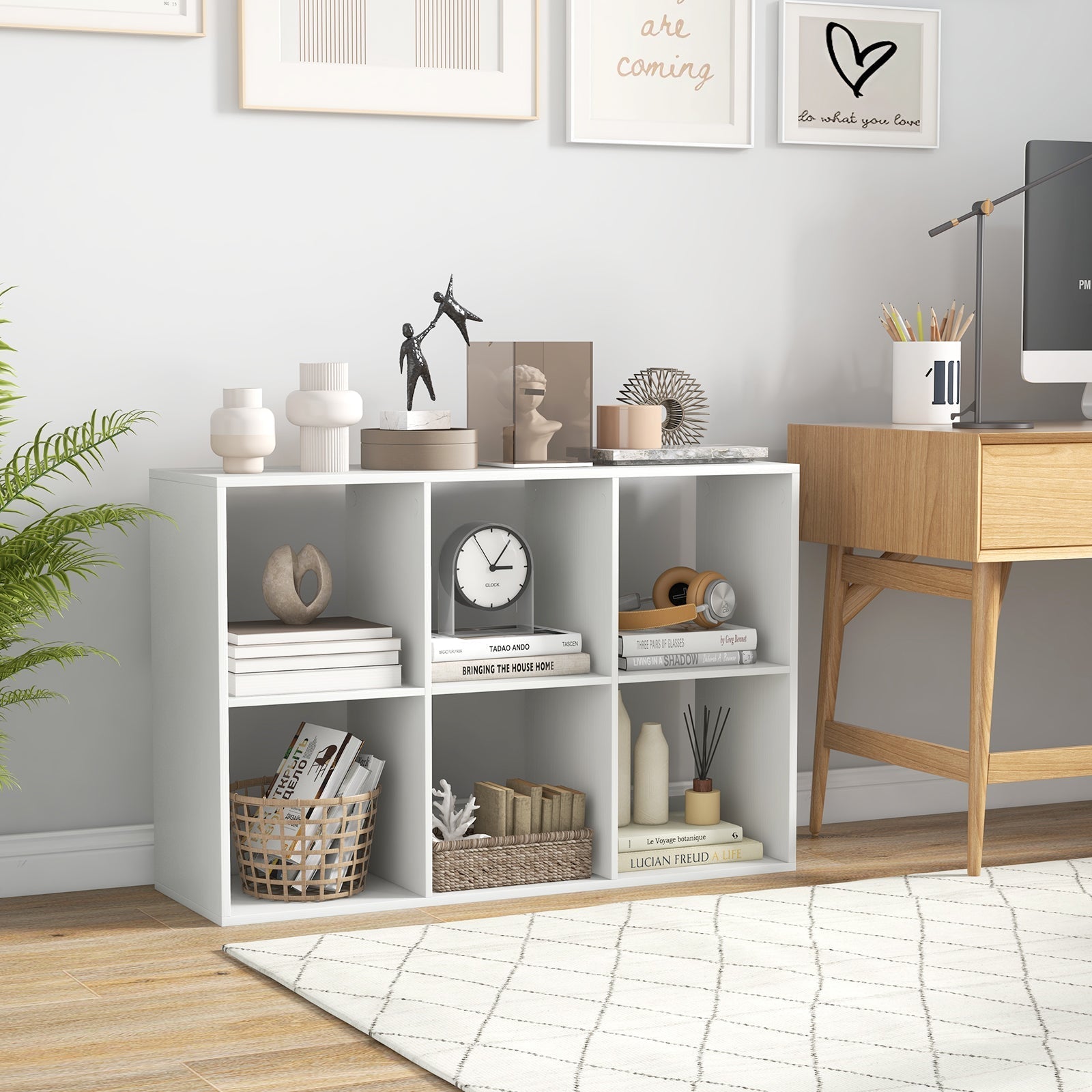 6 Cube Bookshelf with Back Guardrail for Living Room Bedroom