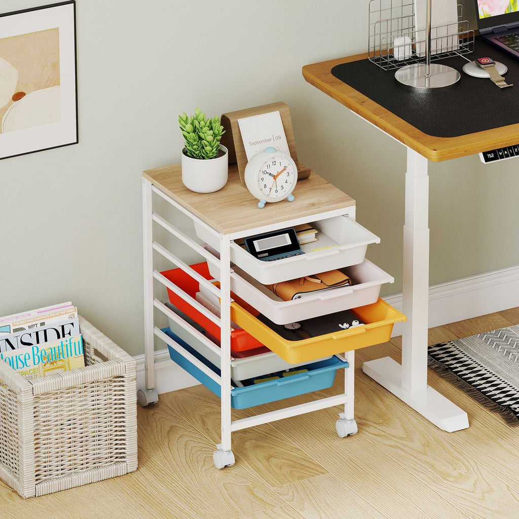 6-Drawer Rolling Storage Cart with Wooden Tabletop