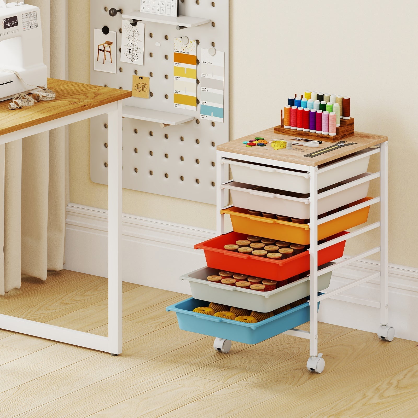 6-Drawer Rolling Storage Cart with Wooden Tabletop