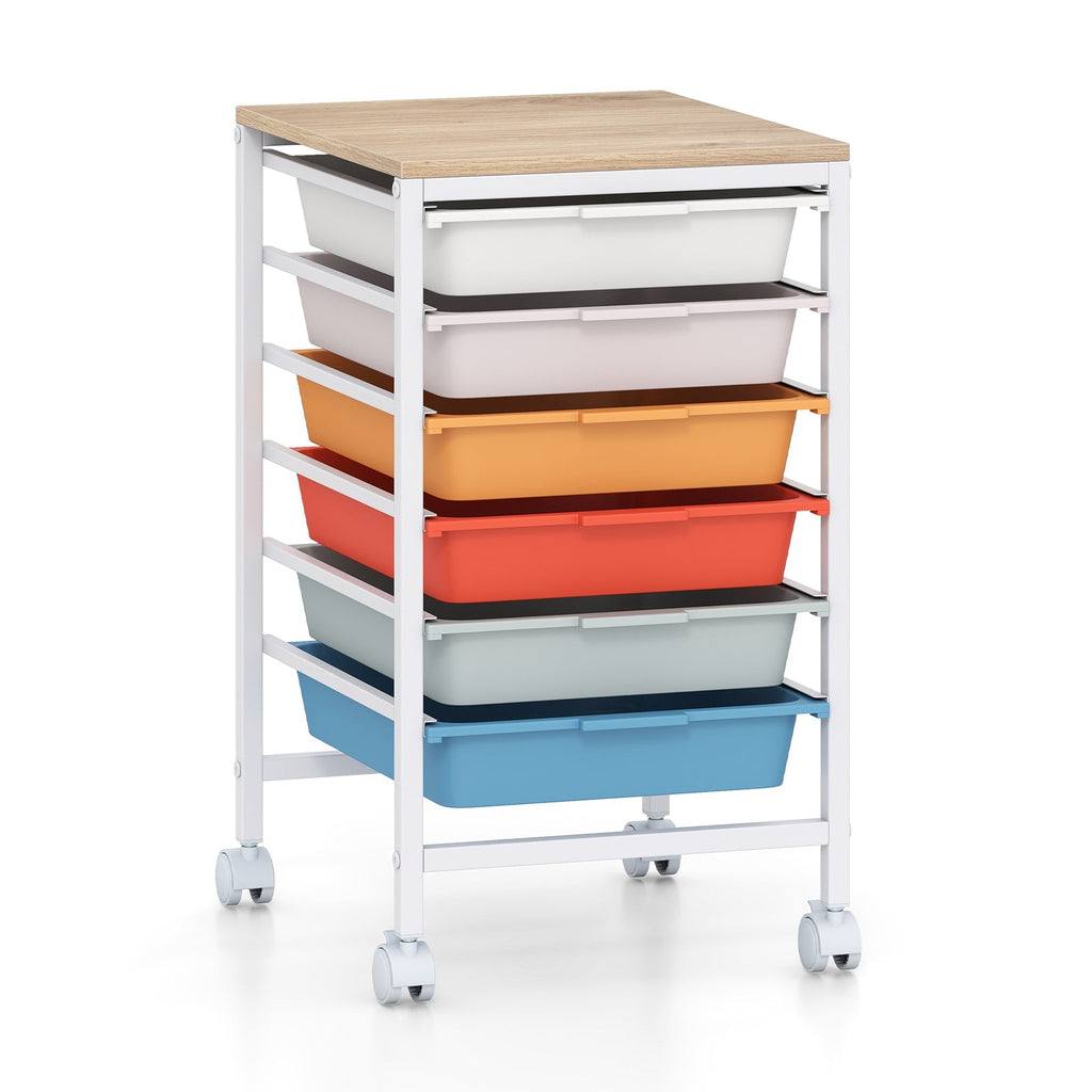6-Drawer Rolling Storage Cart with Wooden Tabletop