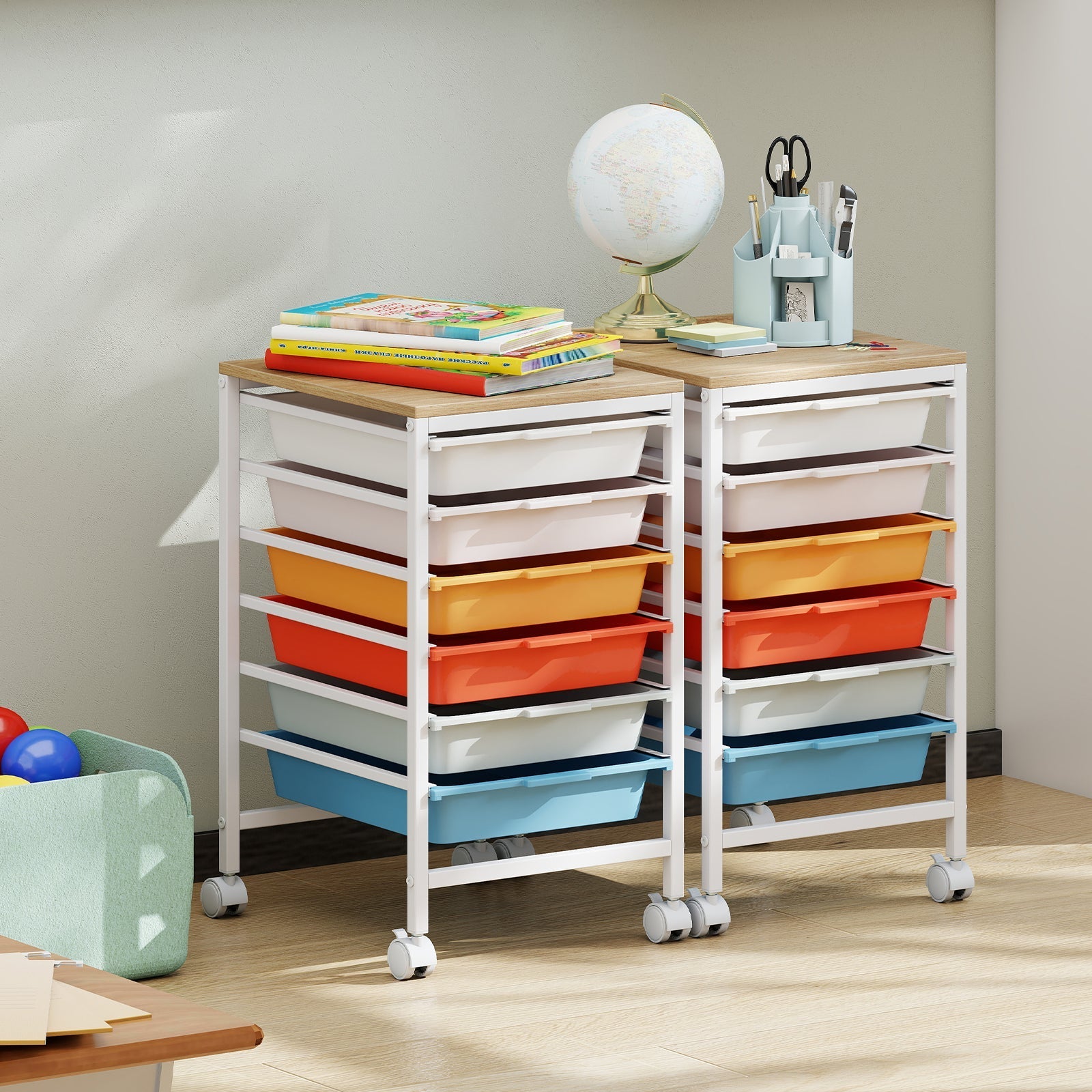 6-Drawer Rolling Storage Cart with Wooden Tabletop