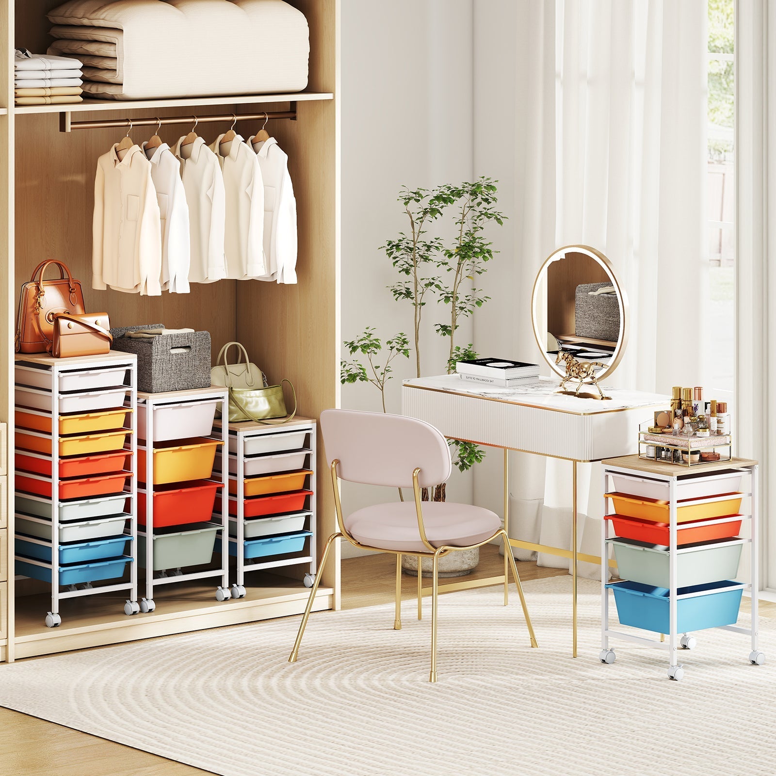 6-Drawer Rolling Storage Cart with Wooden Tabletop