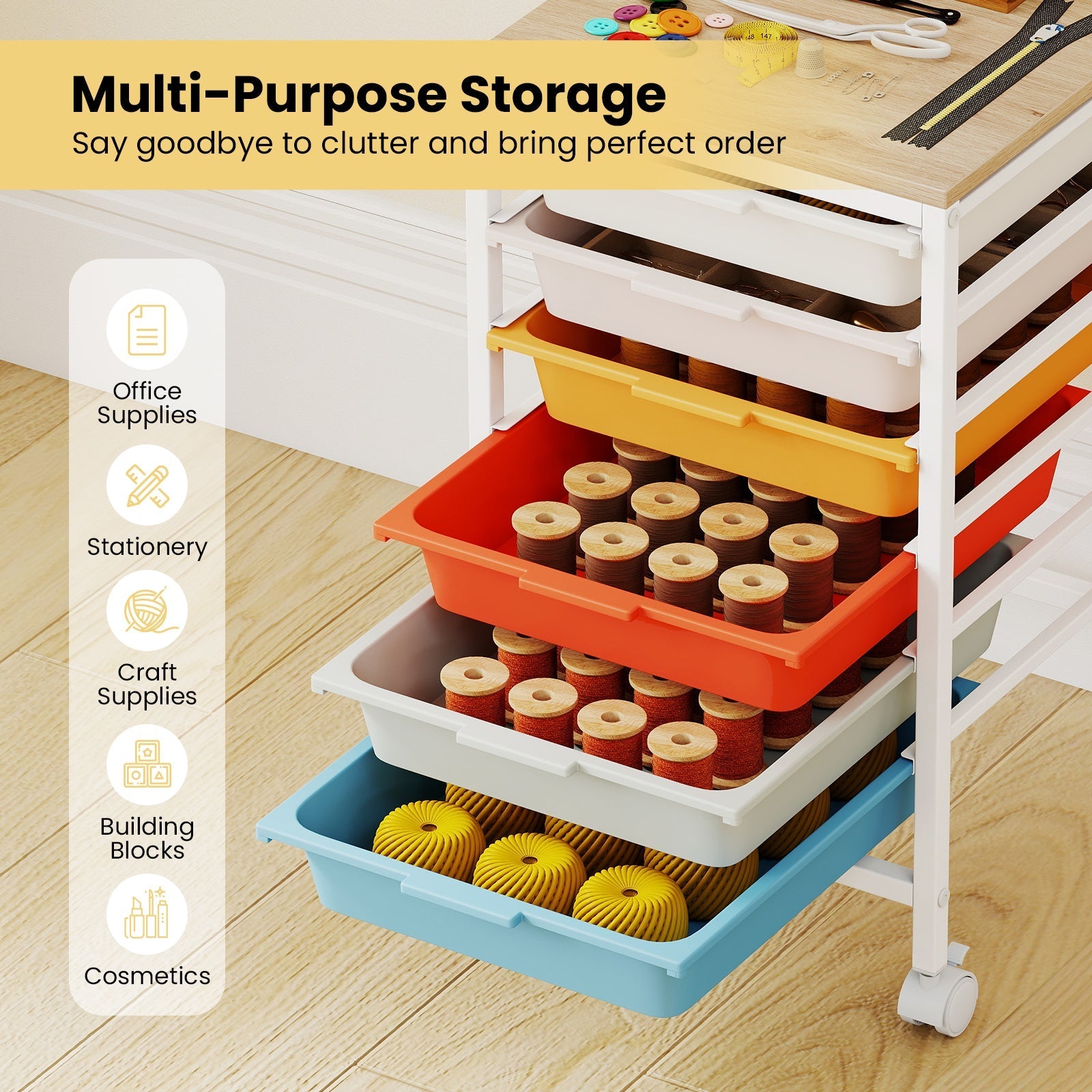 6-Drawer Rolling Storage Cart with Wooden Tabletop