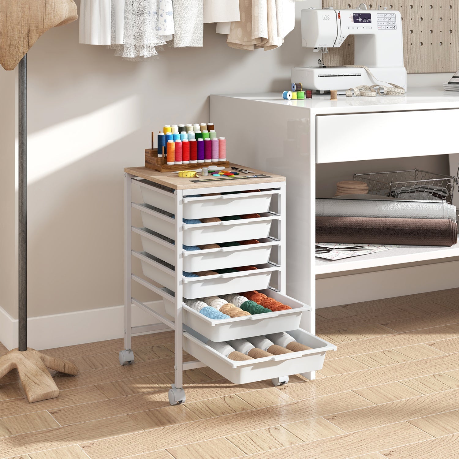 6-Drawer Rolling Storage Cart with Wooden Tabletop