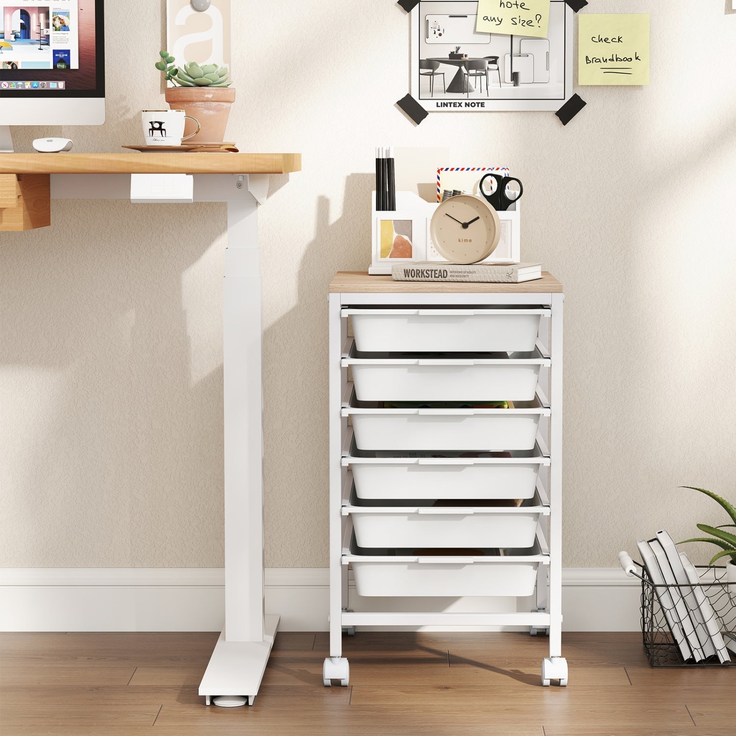 6-Drawer Rolling Storage Cart with Wooden Tabletop