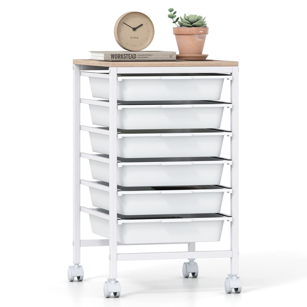 6-Drawer Rolling Storage Cart with Wooden Tabletop