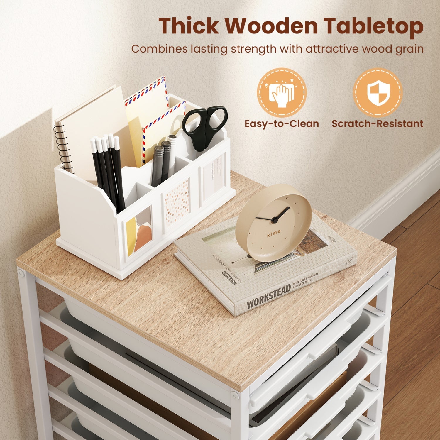 6-Drawer Rolling Storage Cart with Wooden Tabletop