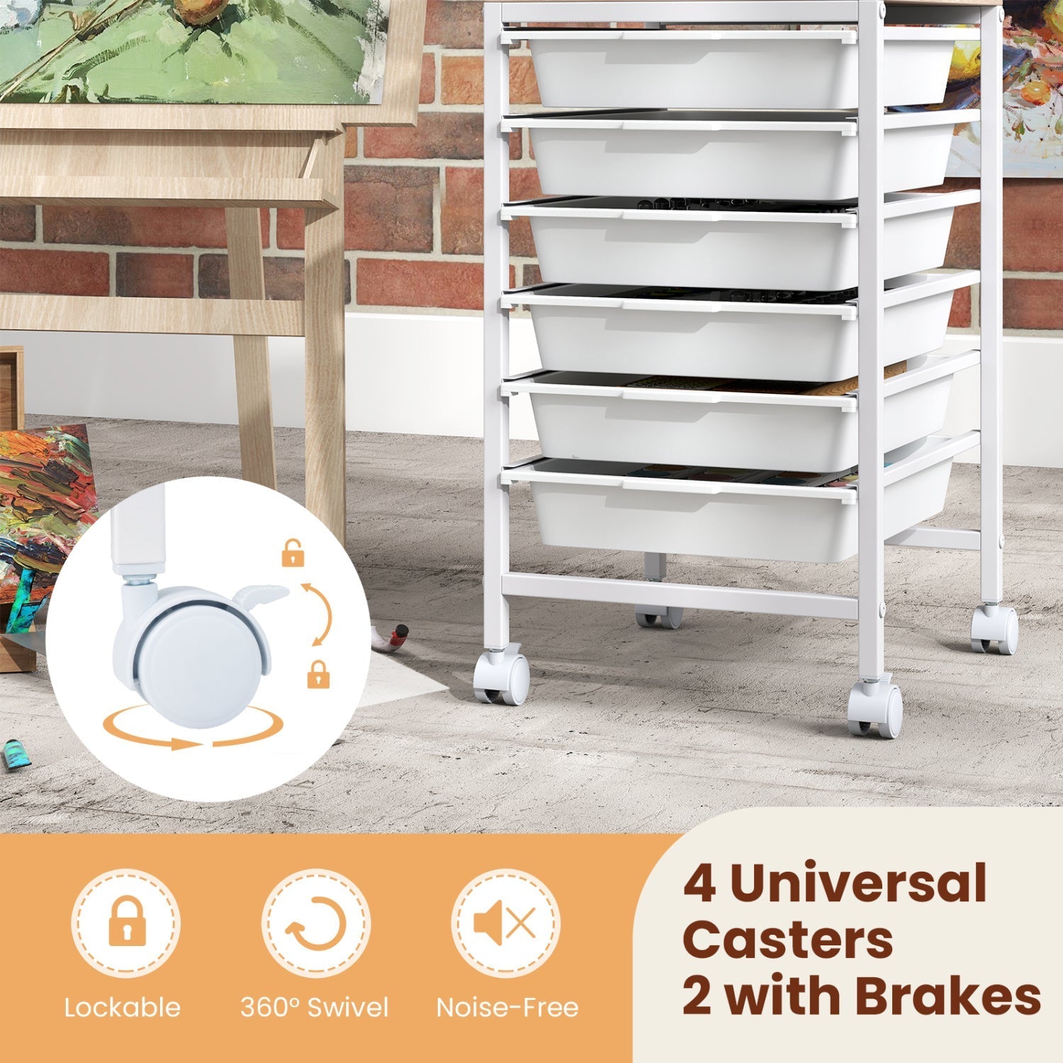 6-Drawer Rolling Storage Cart with Wooden Tabletop
