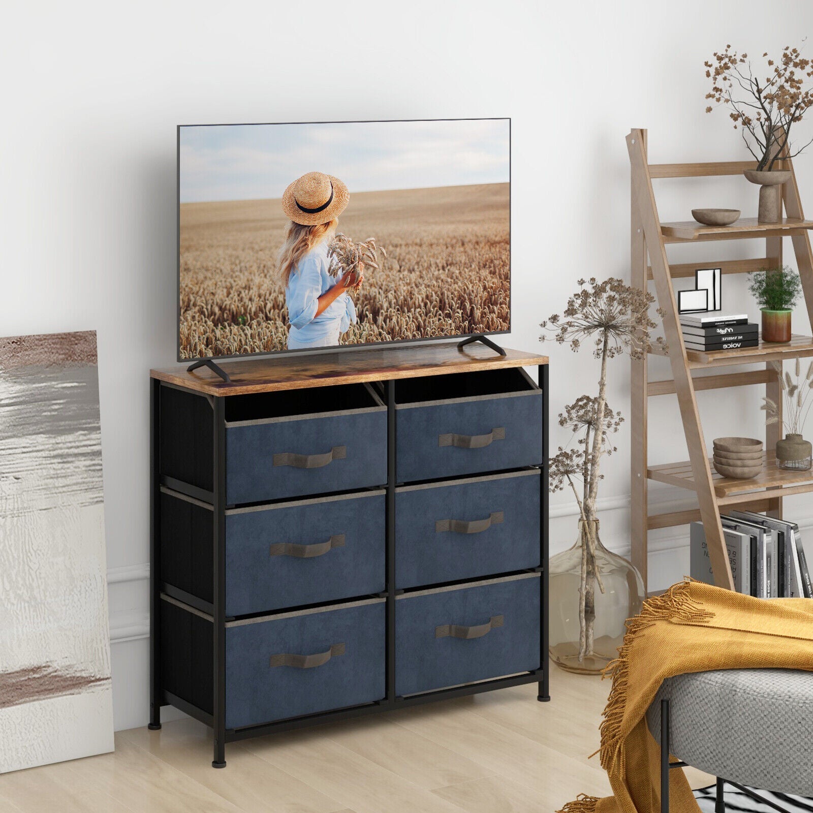6-Drawer Dresser with Metal Frame and Anti-toppling Devices-Rustic Brown