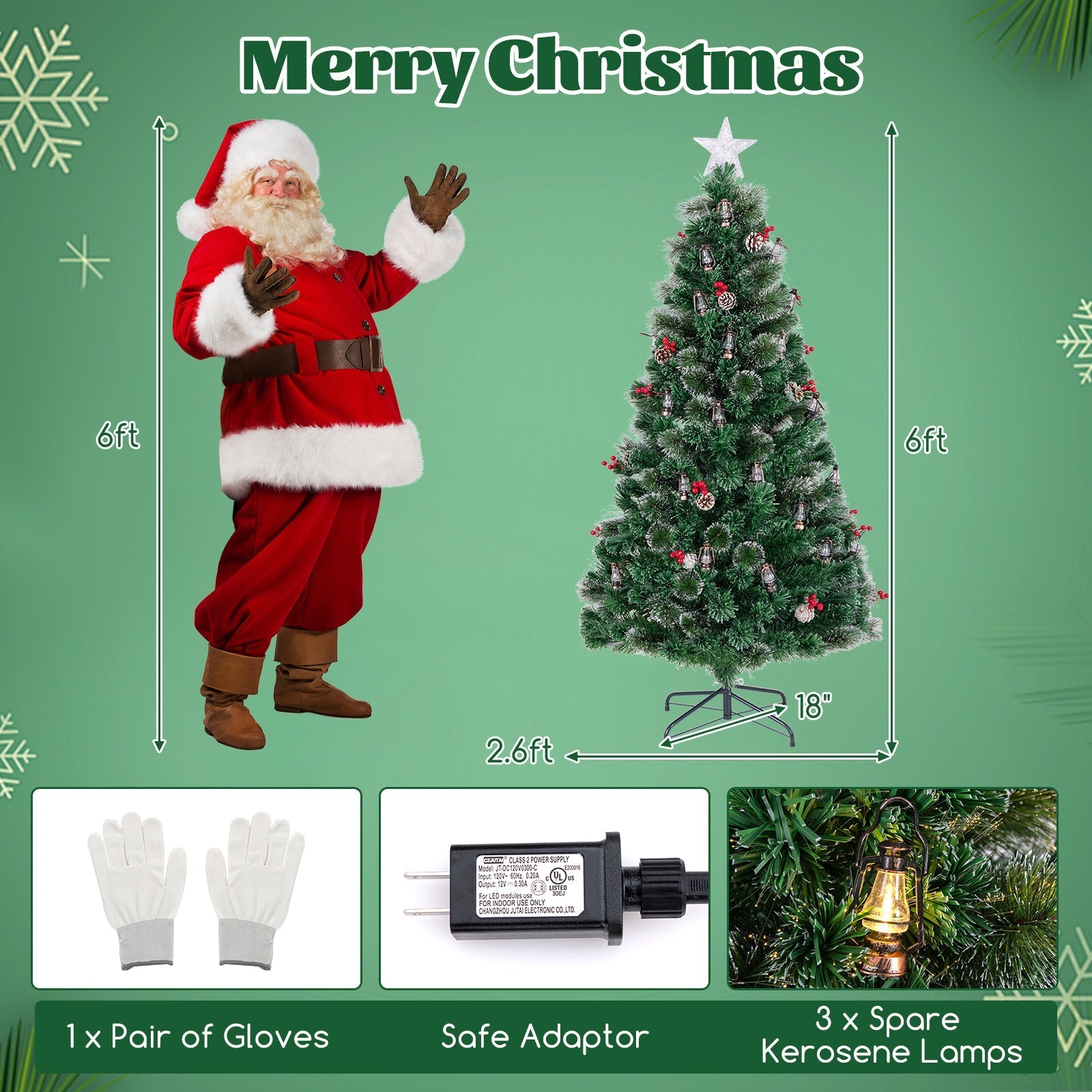 5/6/7 Feet Artificial Christmas Tree with Red Berries and Kerosene Lamps