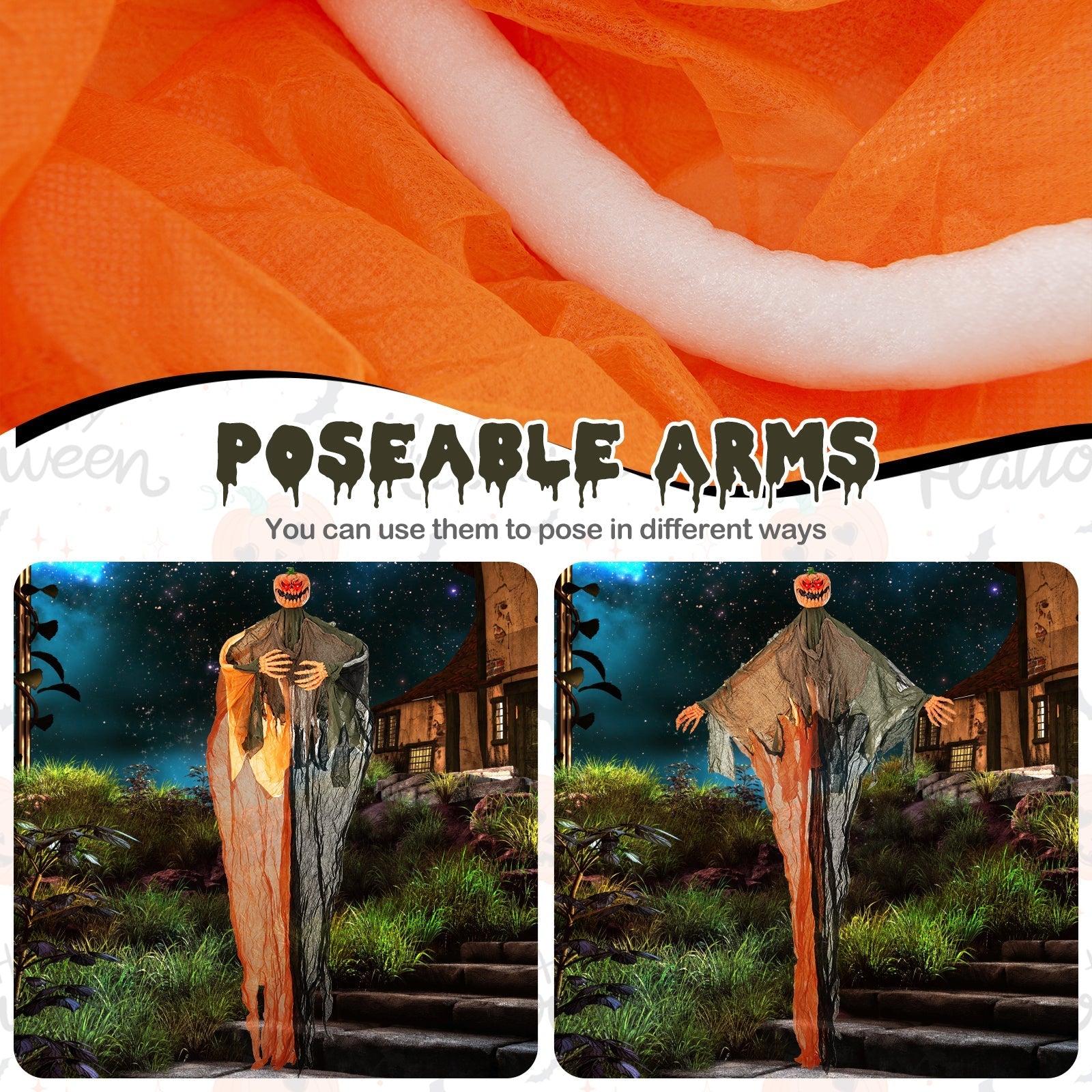 6 Feet Hanging Pumpkin Ghost with Red Glowing Eyes and Bendable Arms