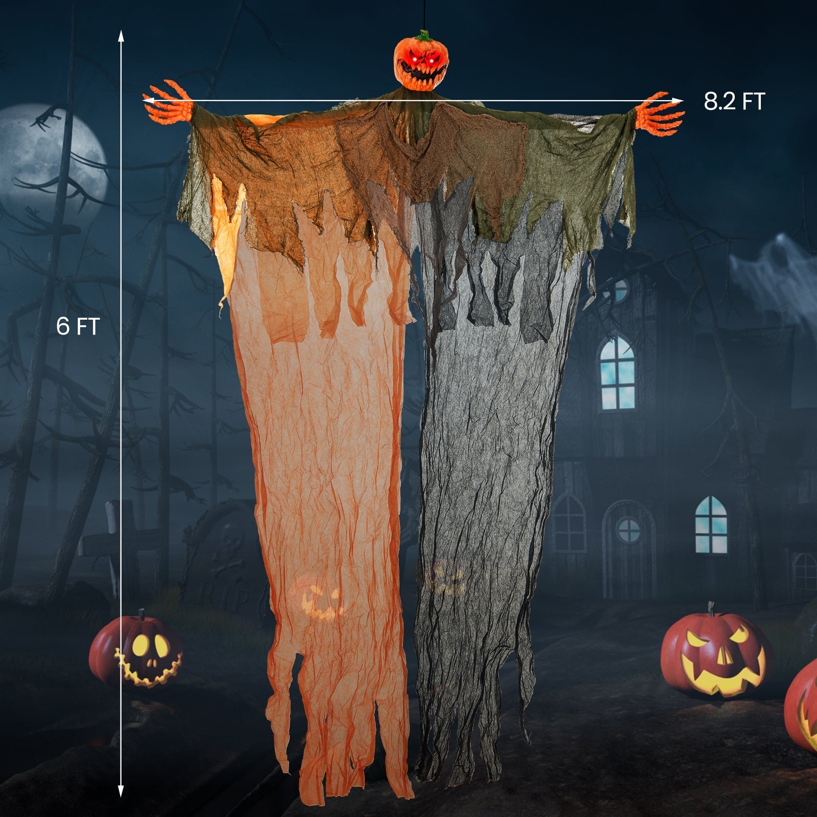6 Feet Hanging Pumpkin Ghost with Red Glowing Eyes and Bendable Arms