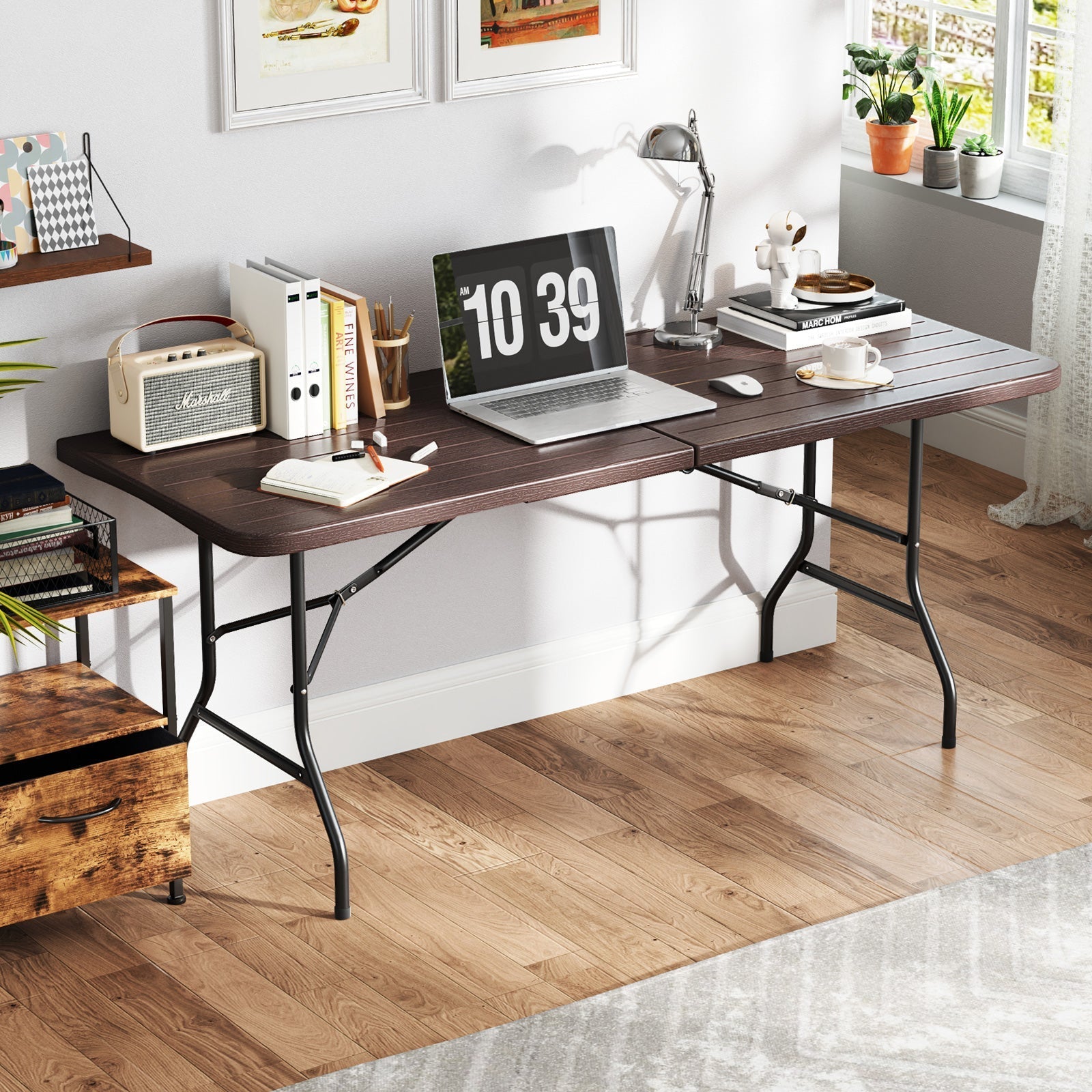 6 Feet Folding Table with Wood Grain HDPE Tabletop and Safe Lock Mechanism