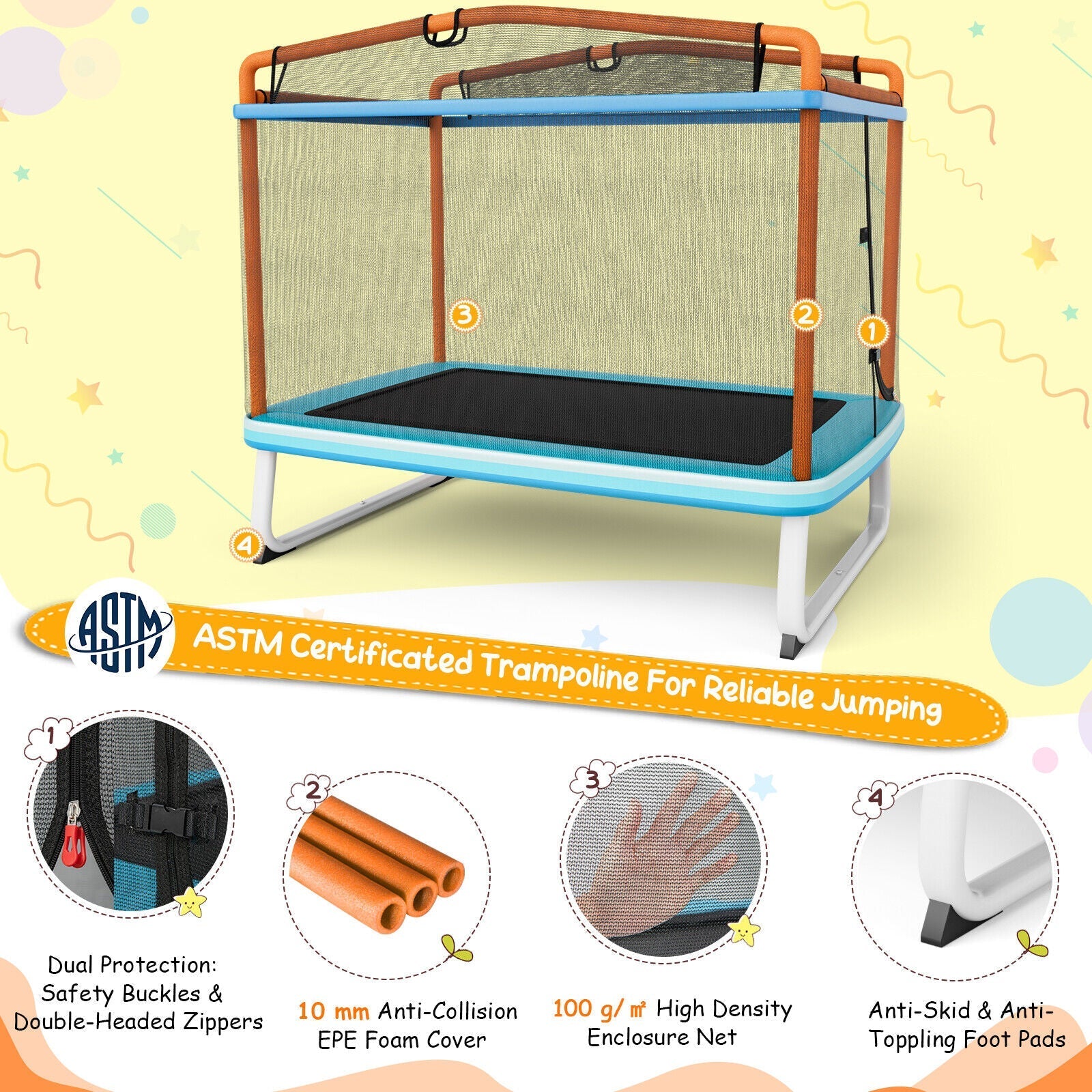 6 Feet Rectangle Trampoline with Swing Horizontal Bar and Safety Net