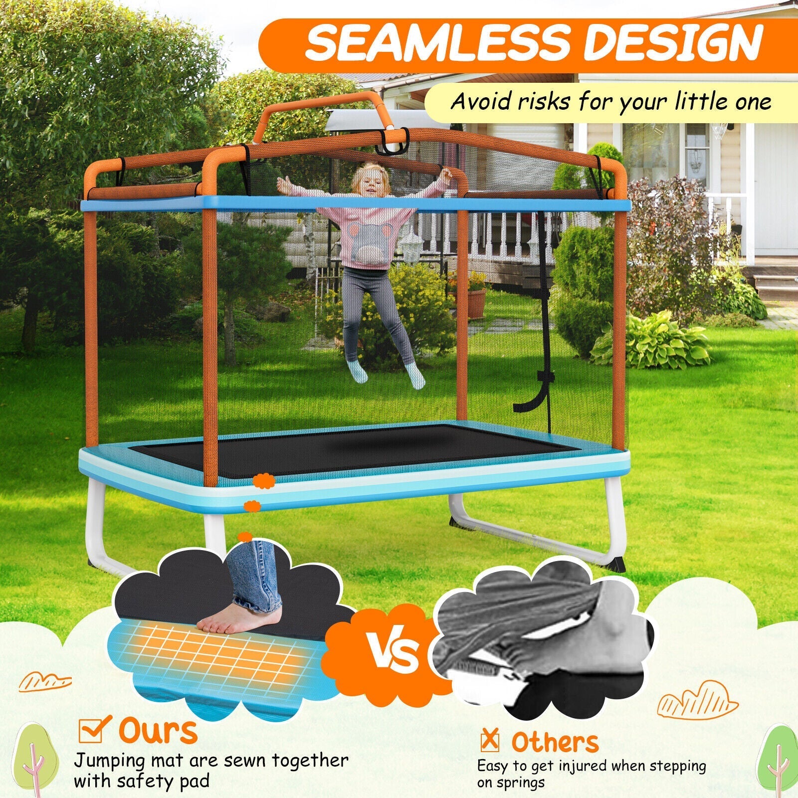 6 Feet Rectangle Trampoline with Swing Horizontal Bar and Safety Net