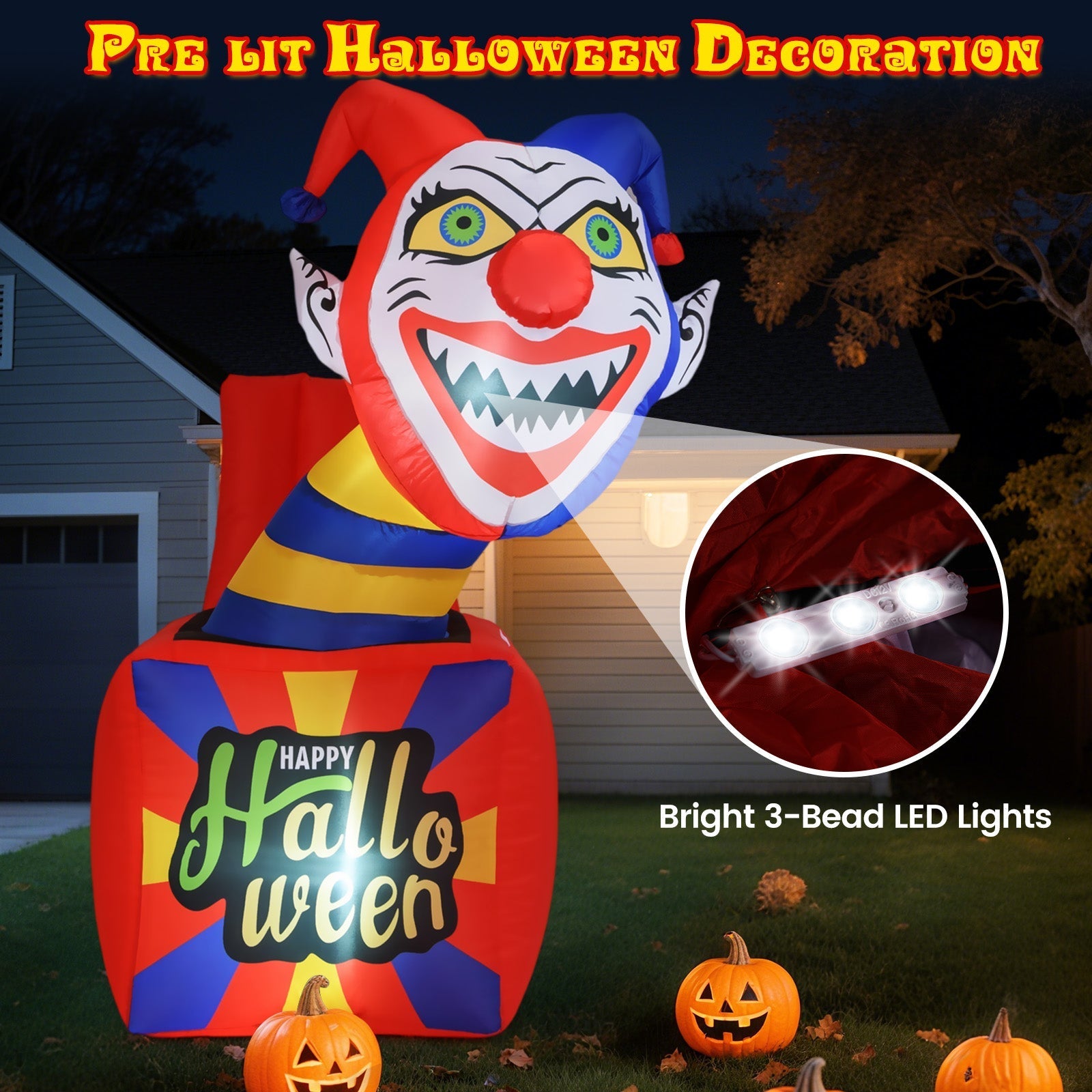 6 Ft Halloween Inflatable Clown with LED Lights for Indoor Outdoor Porch
